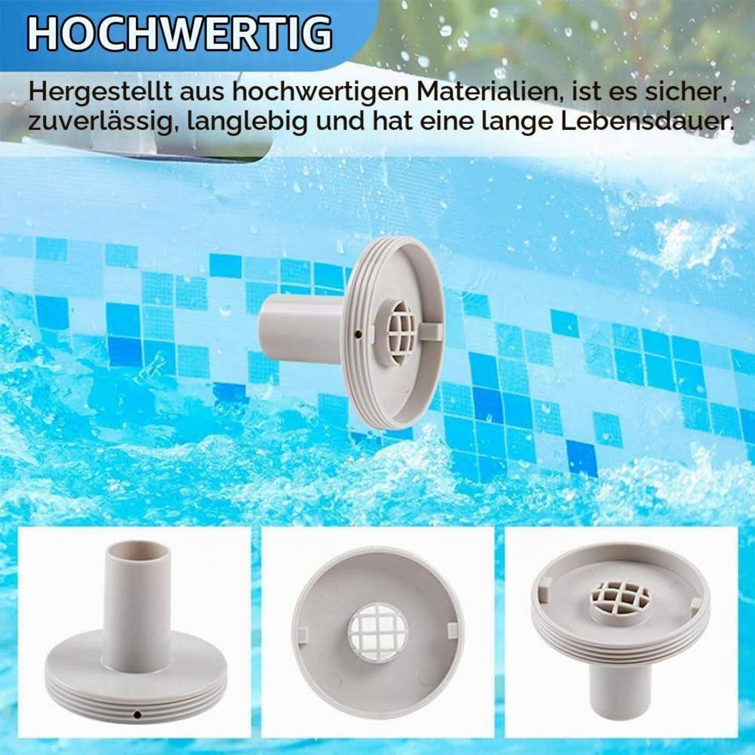 Produktbild eines weißen Pool-Skimmers oder Ablaufventils, das unter Wasser gezeigt wird, mit deutschem Text „HOCHWERTIG