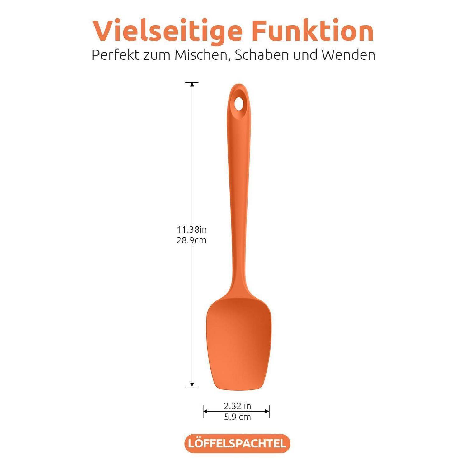 Oranges Küchenspattel mit den Abmessungen 11,38 Zoll (28,9 cm) lang und 2,32 Zoll (5,9 cm) breit; der Text besagt, dass es vielseitig zum Mischen, Kratzen und Wenden einsetzbar ist.