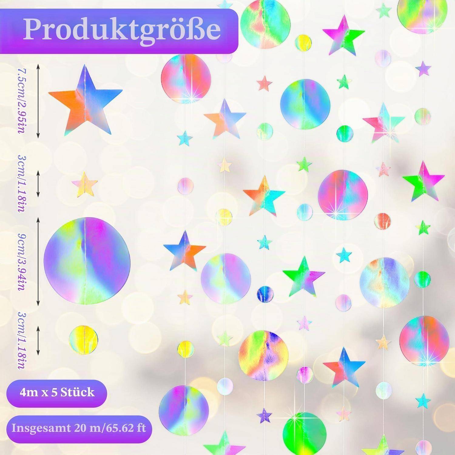 Größentabelle für holografische Stern- und Kreisaufkleber mit vier Größen von 7,5 cm bis 3 cm und Paketinhalt von 4 Sets á 5 Stück, insgesamt 20 m/65,62 ft.