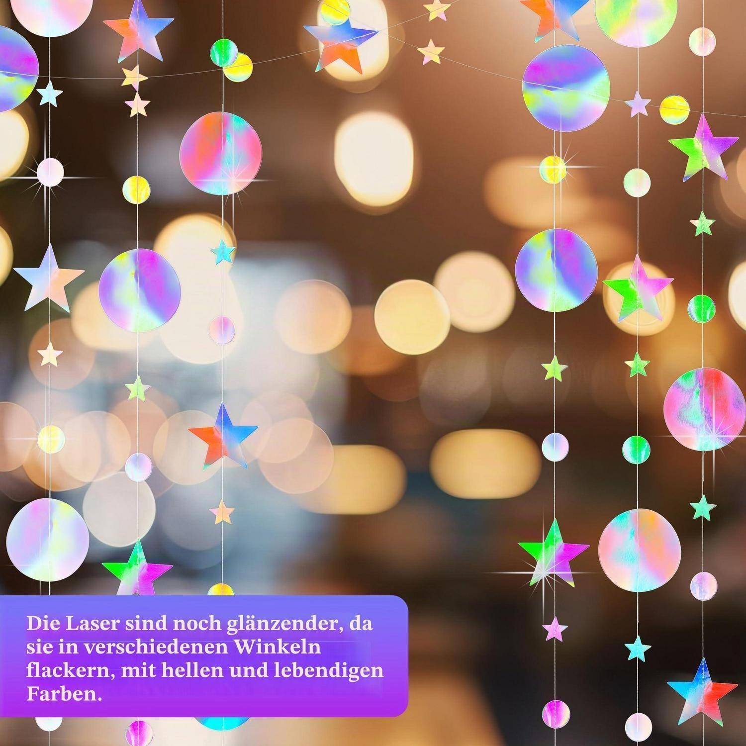 Farbenfrohe hängende Stern- und Kreislichter über einem unscharfen Bokeh-Hintergrund, mit deutschem Text: "Die Laser sind noch glänzender, da sie in verschiedenen Winkeln flackern, mit hellen und lebendigen Farben."