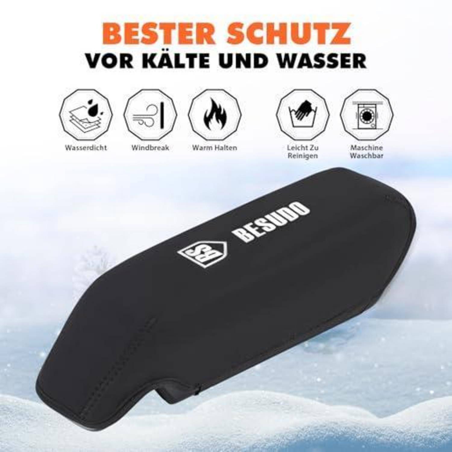 Schwarze RESUO Winterhandschuh-Abdeckung, die als „bester Schutz vor Kälte und Wasser" beworben wird, mit Symbolen für wasserdicht, winddicht, warm, leicht zu reinigen und maschinenwaschbar.