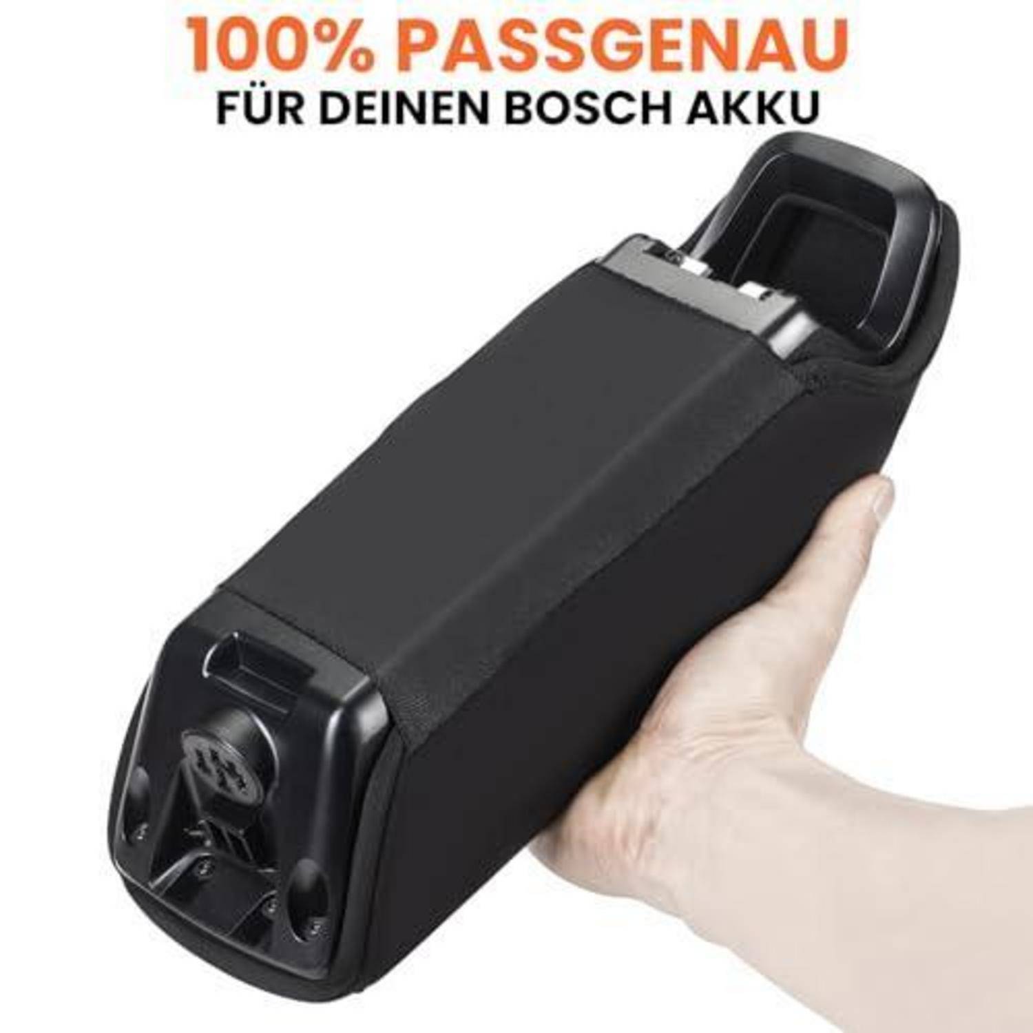 Bosch-kompatibler Fahrradakku in einer Hand gehalten, mit deutschem Text „100% PASSGENAU FÜR DEINEN BOSCH AKKU", der eine perfekte Passung anzeigt.