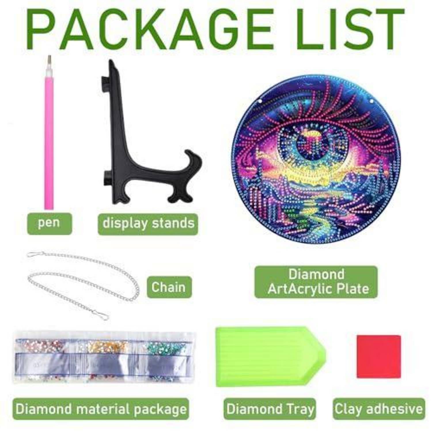 Paketlistenbild mit enthaltenen Artikeln: Stift, Displayständer, Kette, Diamond Art Acrylplatte, Diamantmaterialpaket, Diamantablage und Leimkleber.