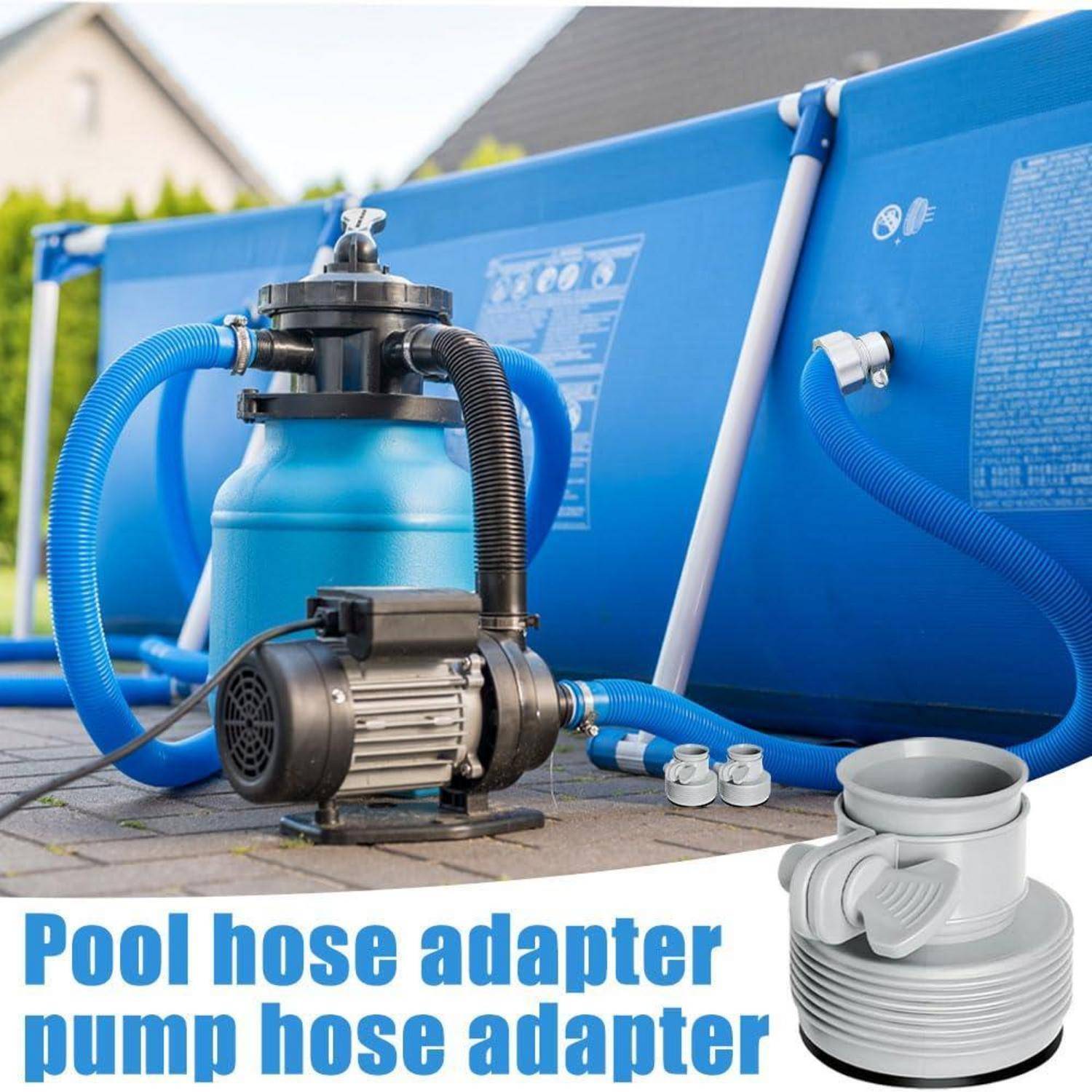 Poolpumpe und Schlauchadapter-Setup mit blauen Schläuchen, die mit einem Filtertank verbunden sind, dargestellt mit einem Produktbild und dem Text „Poolschlauchadapter Pumpenschlauchadapter