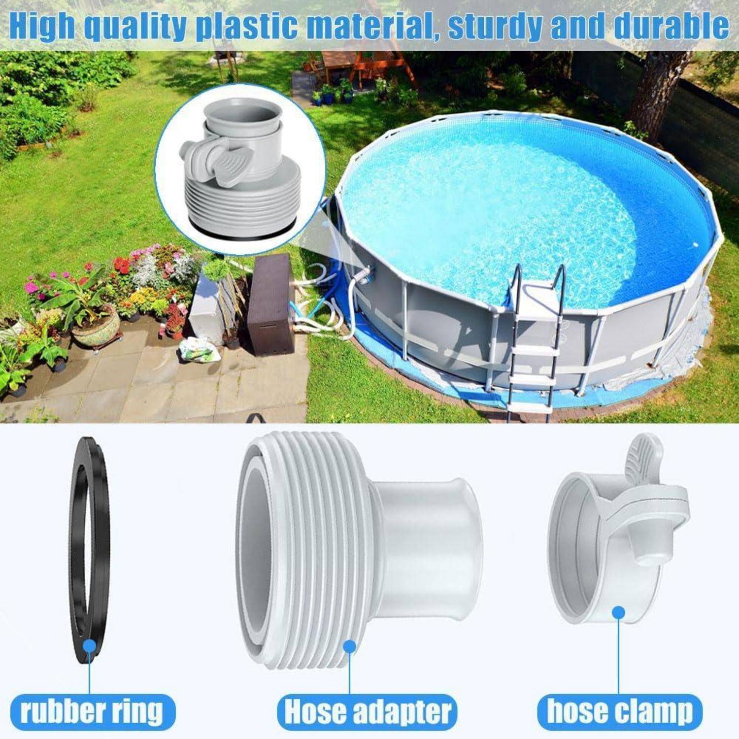 Oberirdischer Pool-Aufbau mit Schlauchadapter, Schlauchklemme und Gummiring; Text lautet „Hochwertige Kunststoffmaterial, robust und langlebig