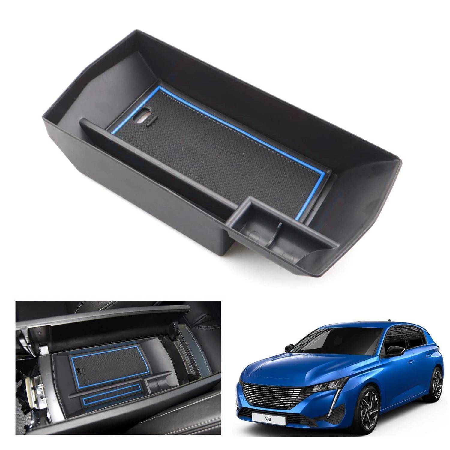 Schwarze Mittelkonsolen-Organizer-Tablett-Einsatz mit blauem Rand, shown installed in a Peugeot 308 and as a standalone product.