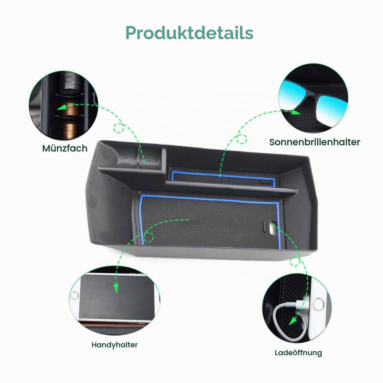 Diagramm eines Auto-Organizers mit Produktdetails, das Münzschlitz, Sonnenbrillenhalter, Telefonhalter und Ladeöffnung mit beschrifteten Hinweisen zeigt.