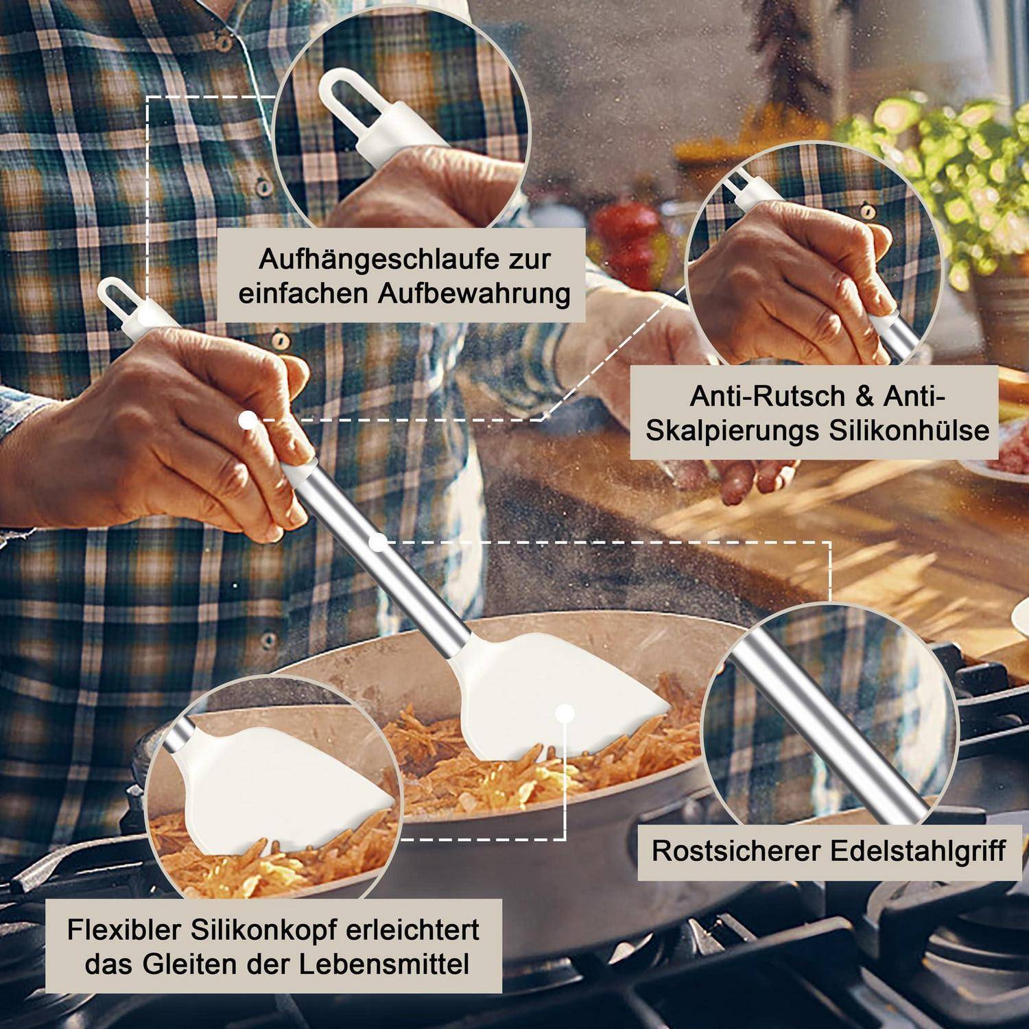 Person beim Kochen in einer Pfanne mit einem Edelstahlspatel; Beschriftungen heben Aufhängeschlaufe, rutschfesten wärmefesten Silikongriff, rostfreien Stahlgriff und flexiblen Silikonkopf zum einfachen Wenden von Speisen hervor.