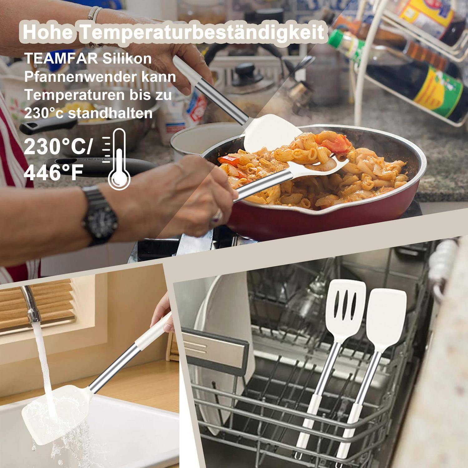 Collage zeigt TEAMFAR Silikonspatel zum Kochen und Reinigen; Text besagt hitzebeständig bis 230°C/446°F und spülmaschinenfest.