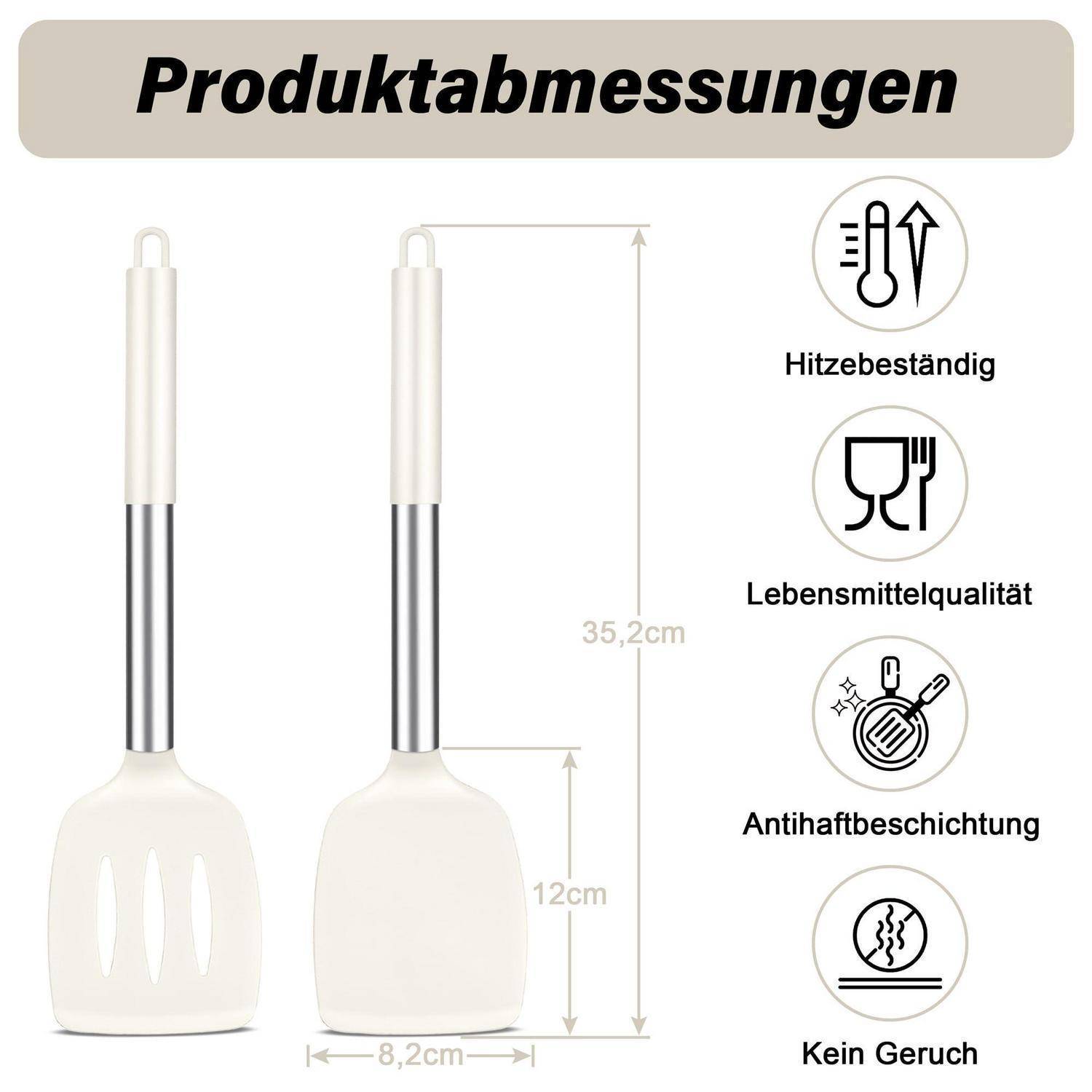 Deutsches Produktmessungsgrafik mit einem weißen Schlitzspatel mit folgenden Abmessungen: 35,2 cm Gesamtlänge, 12 cm Kopfhöhe und 8,2 cm Breite; enthält Symbole für hitzebeständig, lebensmittelgerecht, antihaftbeschichtet und geruchlos.