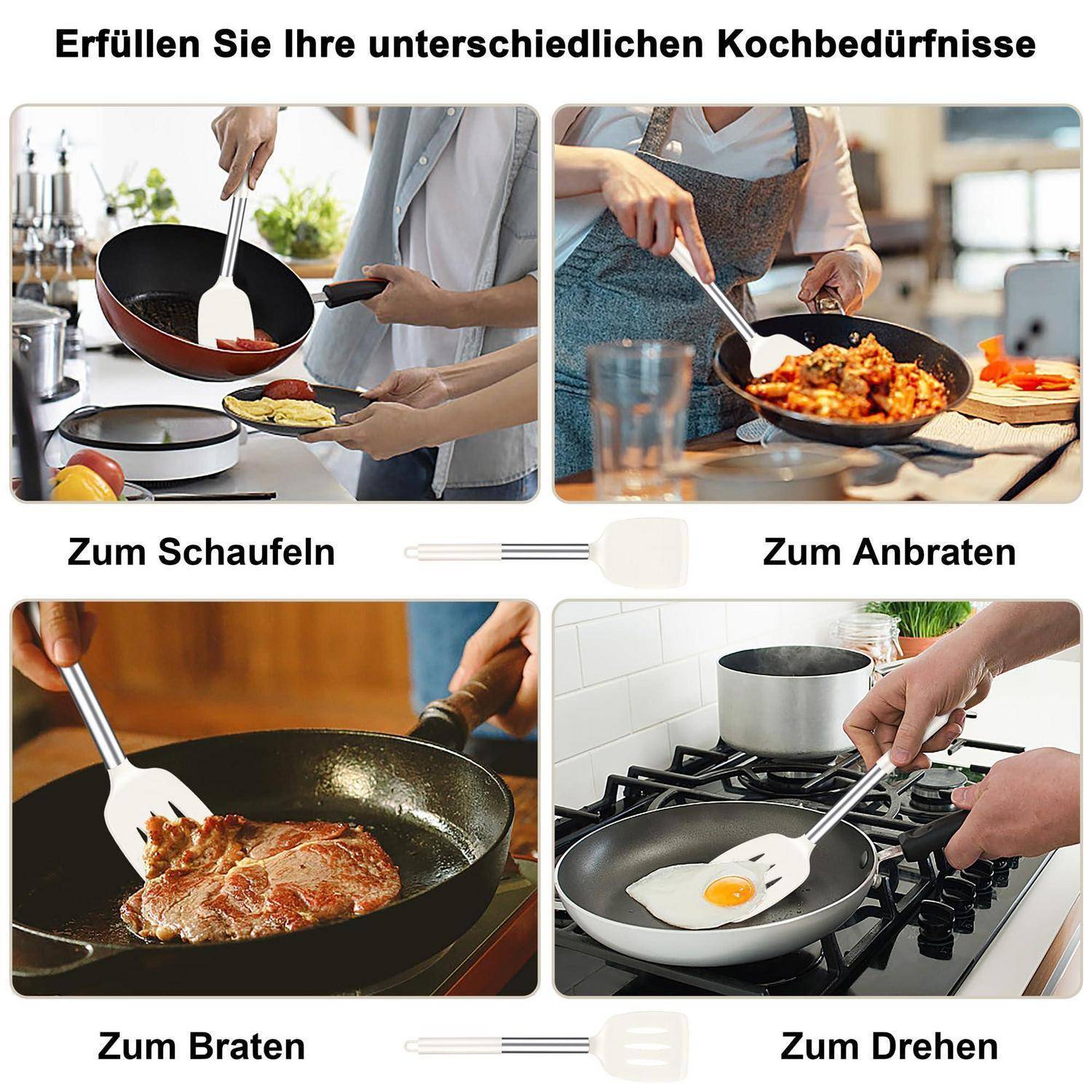Weiße Spatel für verschiedene Kochaufgaben: Schöpfen, Sautieren, Braten und Wenden von Lebensmitteln in Pfannen.