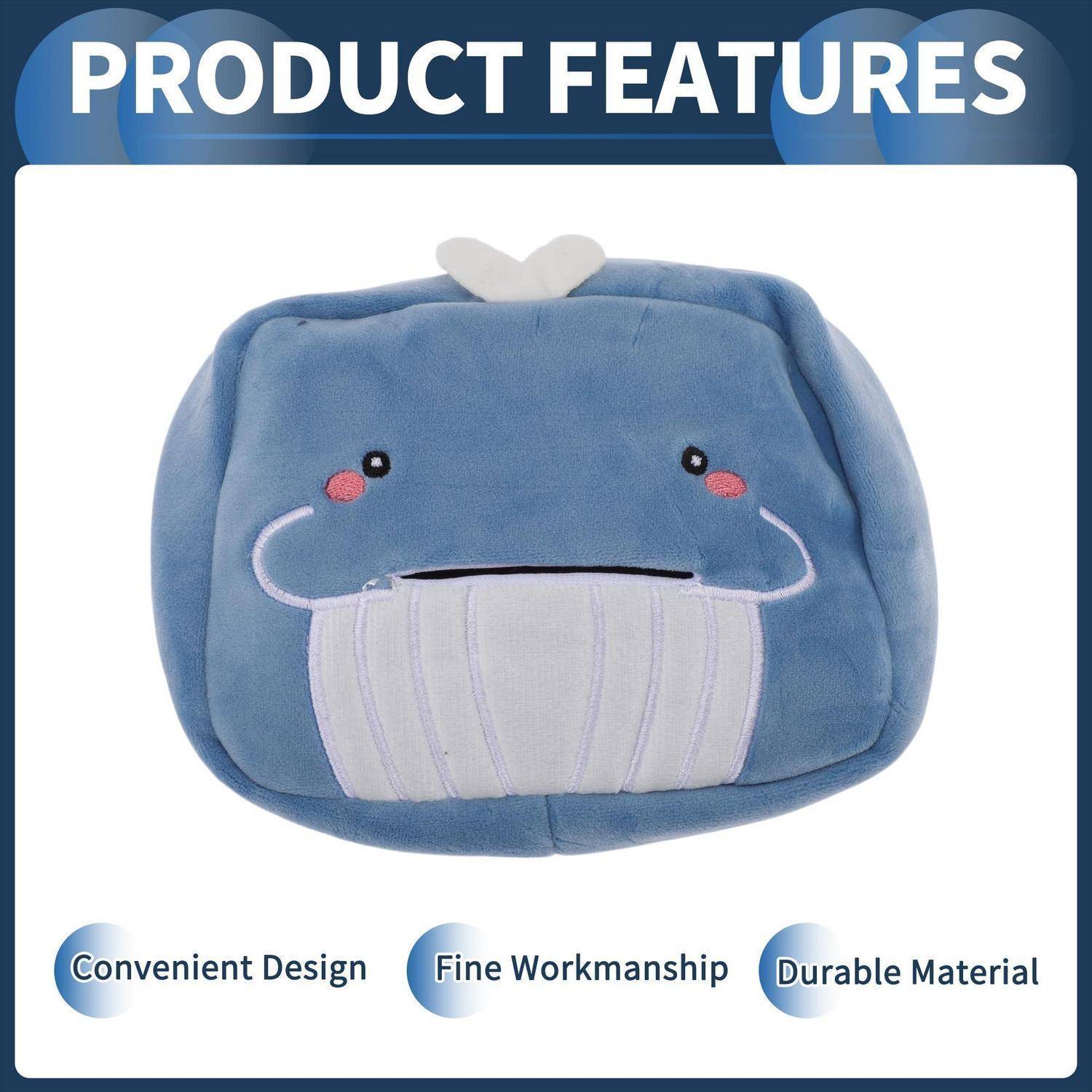 Blauwal-förmige Plüschtasche mit Smiley-Gesichtsdetails, dargestellt als Produktmerkmalsgrafik mit den Bezeichnungen "Praktisches Design"", ""Feine Verarbeitung"" und ""Langlebiges Material"".