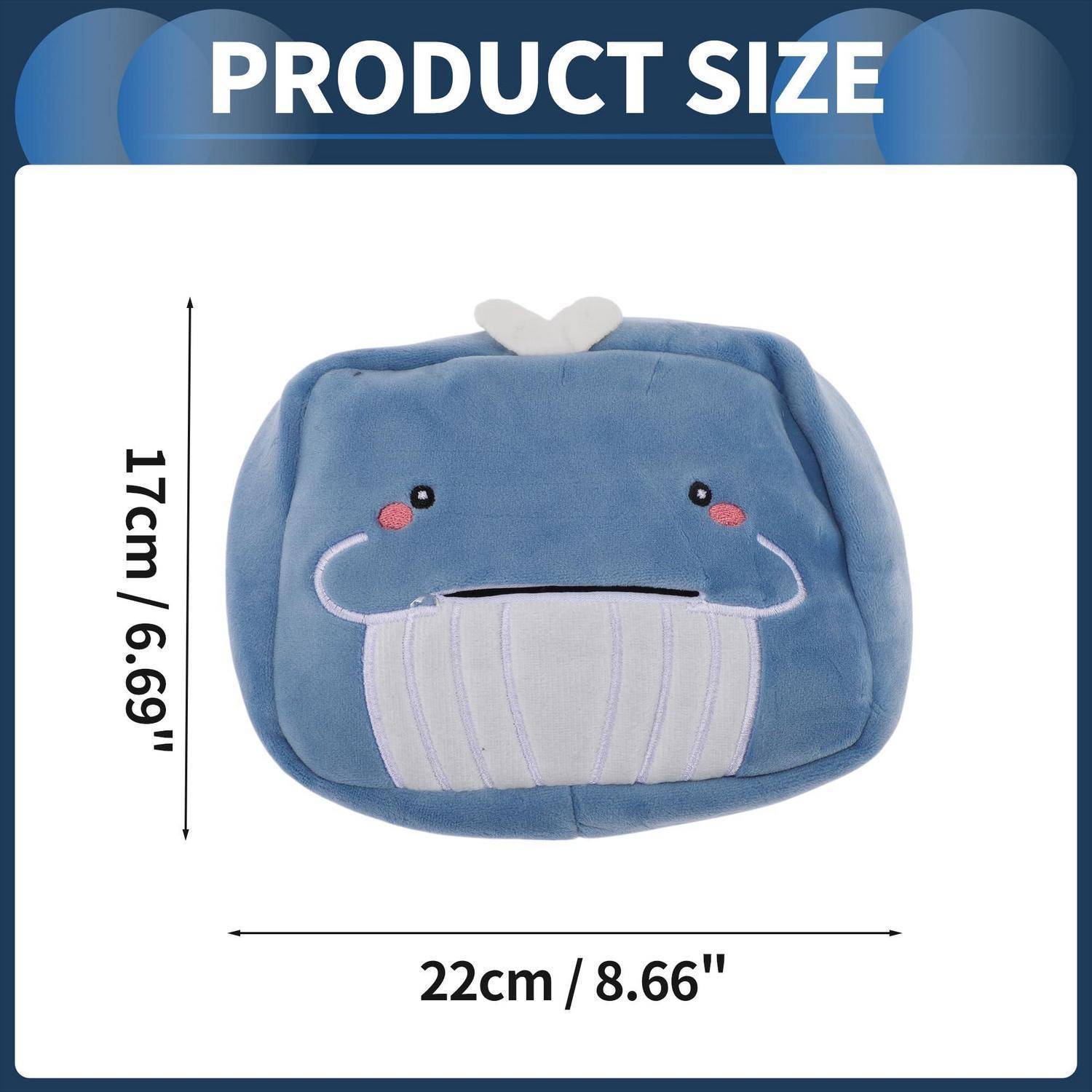 Größentabelle für Produkte, die einen blauen Wal-Plüsch-Beutel/Tasche zeigt, 17 cm (6,69 Zoll) groß und 22 cm (8,66 Zoll) breit.