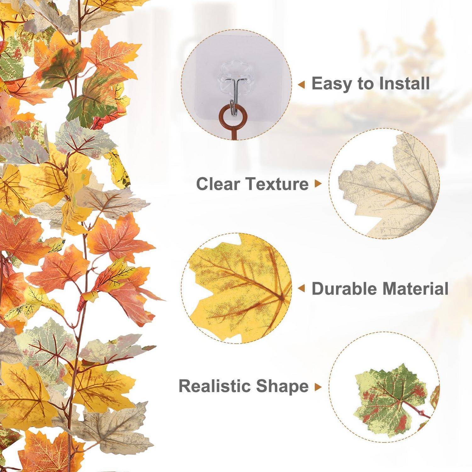 Dekorative Herbstblatt-Girlande mit Beschriftungen, die einfache Installation, klare Textur, langlebiges Material und realistische Form zeigen.