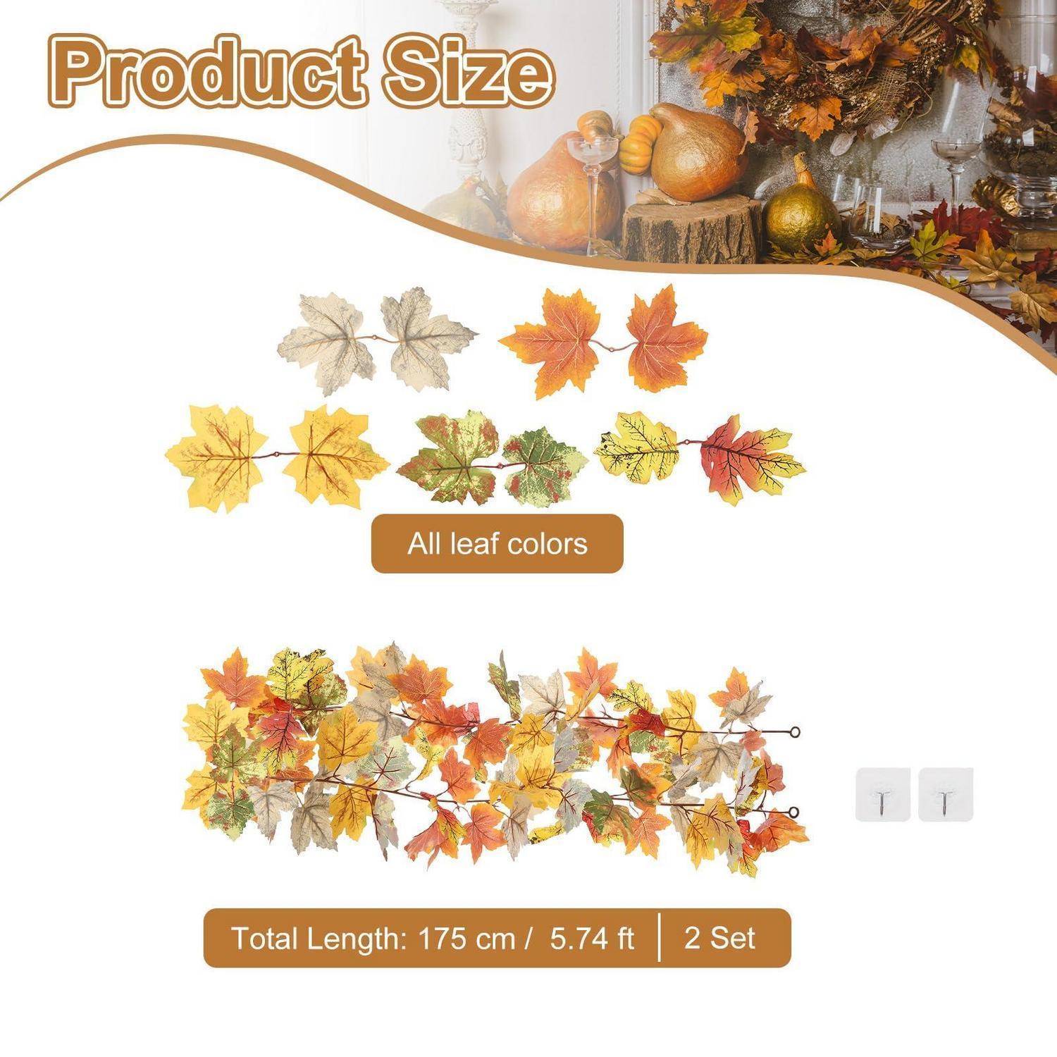 Produktgrößentabelle für künstliche Herbstlaub-Girlanden, zeigt vier Blattfarboptionen und Gesamtlänge 175 cm/5,74 ft, 2 Sätze.