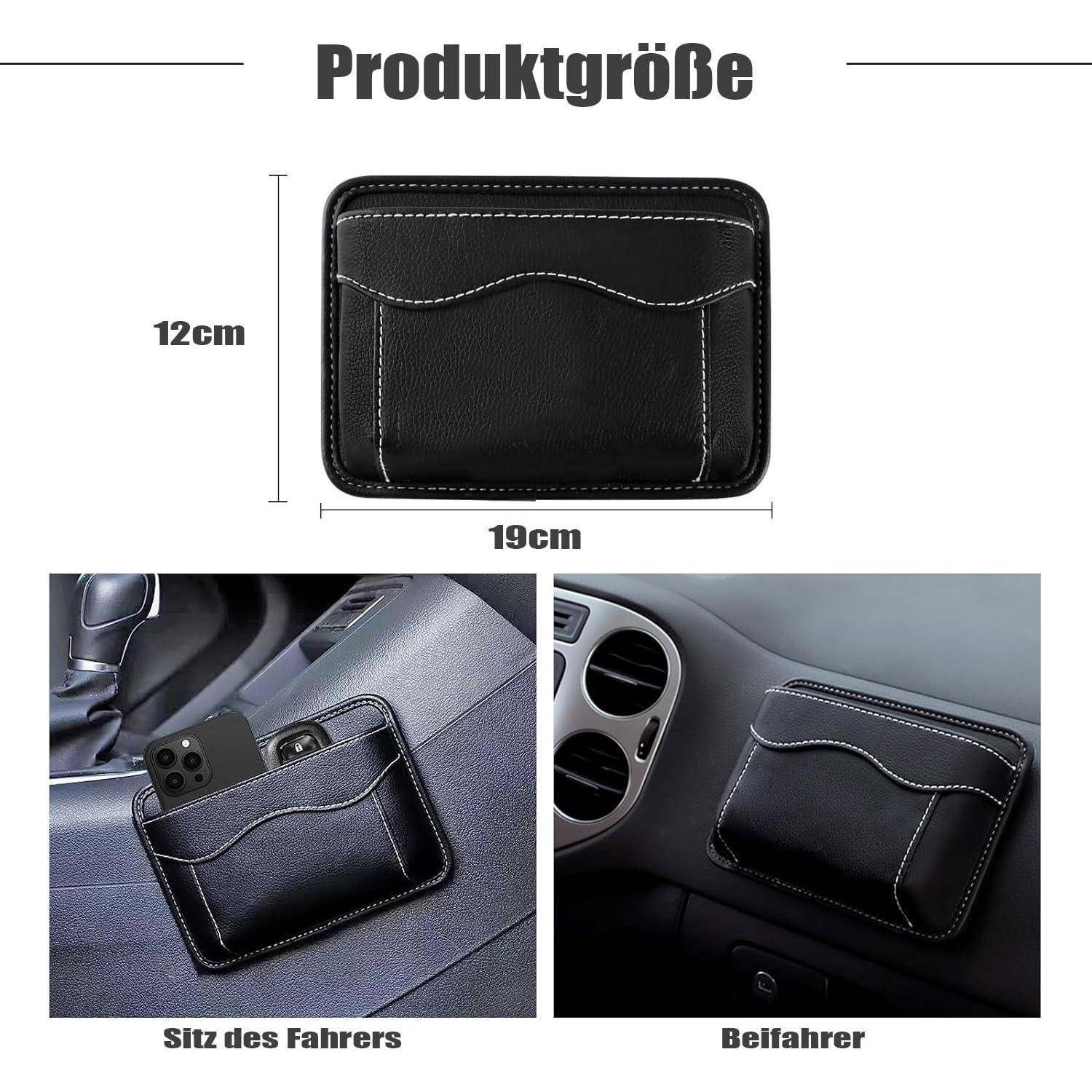Produktgrößen-Diagramm für eine schwarze Rückenlehnen-Aufbewahrungstasche für Autos, 19 cm breit und 12 cm hoch, dargestellt installiert auf Fahrer- und Beifahrersitzen.