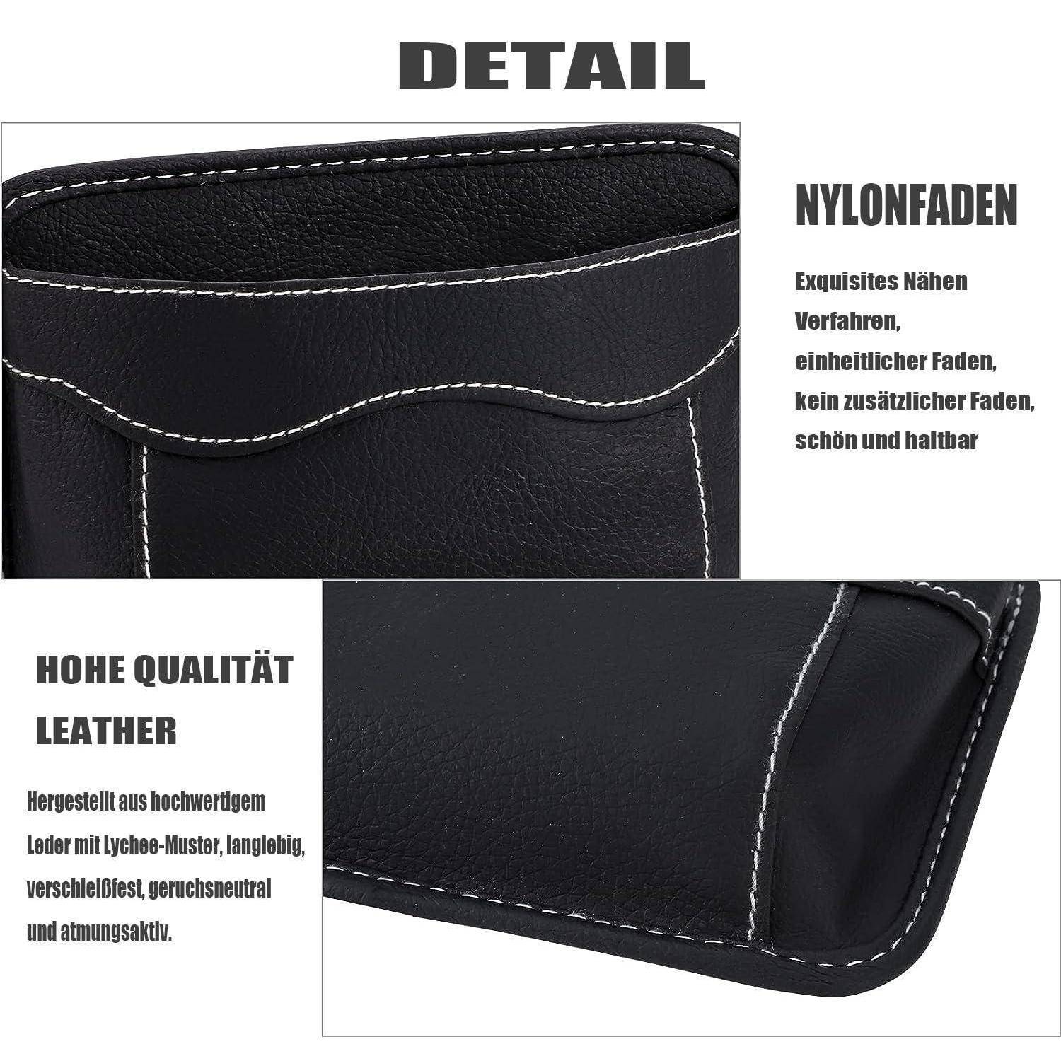 Nahaufnahme des Produktdetails aus schwarzem Leder mit weißer Naht, gekennzeichnet mit "DETAIL"" und ""NYLONFADEN""; der Text bewirbt hochwertiges, langlebiges Leder und saubere Nähte.