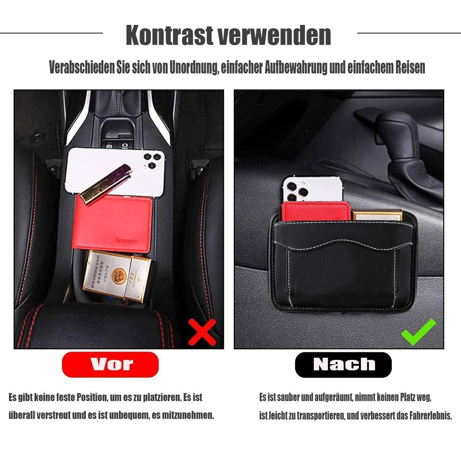 Vorher-und-Nachher-Autoorgnizer-Bild: Links ist die unordentliche Mittelkonsole mit verstreuten Gegenständen und einem roten X zu sehen; rechts zeigt sich eine ordentliche Rücksitzlehnentasche mit einem grünen Häkchen, das Ordnung und angenehmere Reisen fördert.