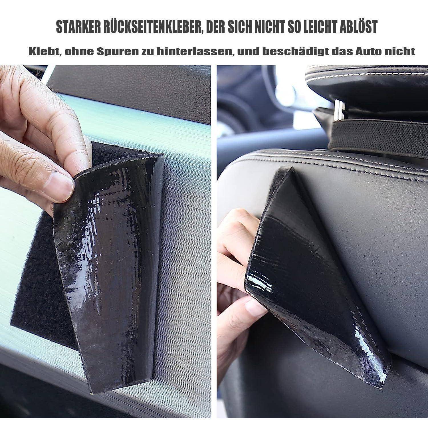 Geteiltes Bild, das zeigt, wie eine starke Klebstoff-Rückenlehnen-Abdeckung von einem Autositz abgezogen und angebracht wird, ohne Rückstände zu hinterlassen oder den Sitz zu beschädigen