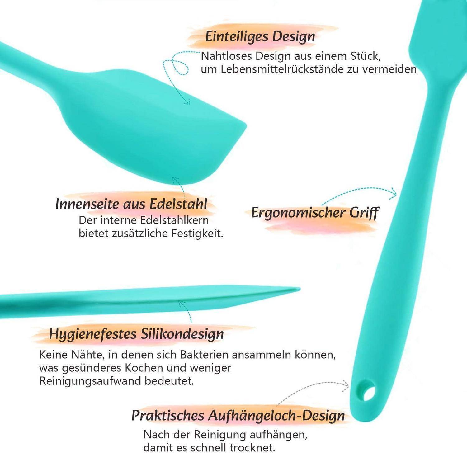 Infografik eines türkisfarbenen Silikonspachtels mit deutschen Beschriftungen, die das nahtlose Einteildesign, den Edelstahlkern, den ergonomischen Griff, das hygienische Silikon und das Aufhängeloch hervorheben.