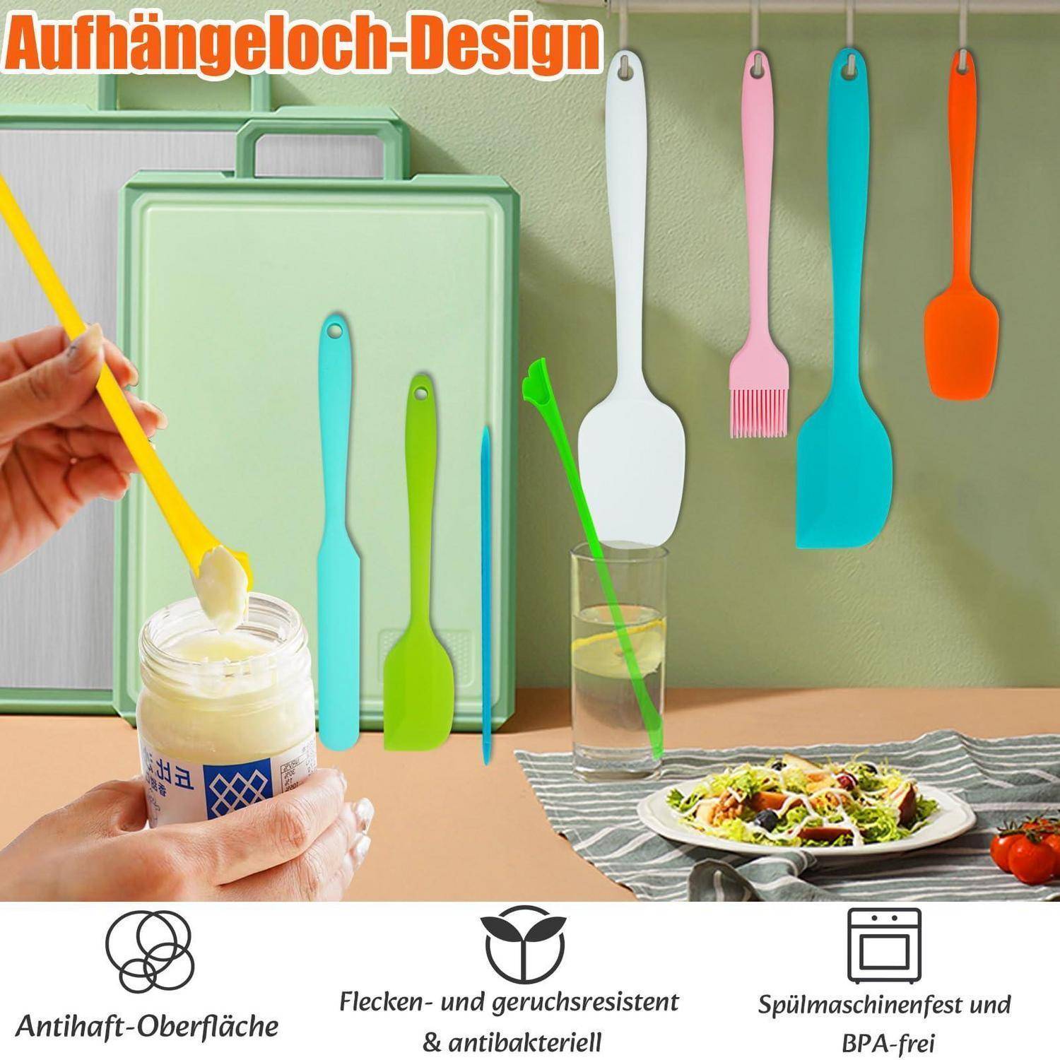 Wandhaken für Küchenutensilien zeigen bunte Spachtel und Löffel, die an einer Wand über einer Arbeitsplatte hängen, mit einer Hand, die einen Löffel in ein Glas taucht, und Funktionssymbole darunter.