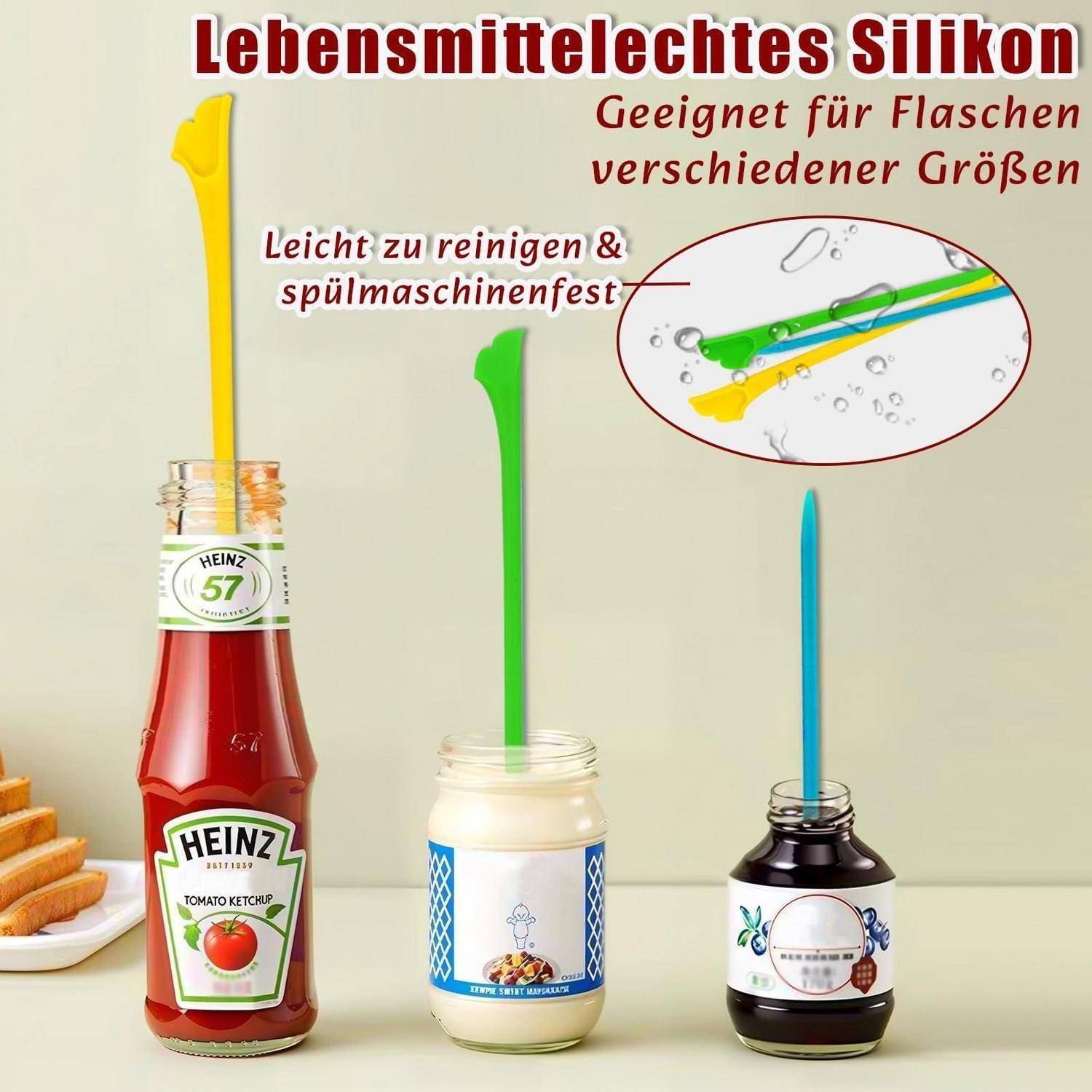 Wiederverwendbare Silikon-Flaschen- und Trinkhalmbürsten in Ketchup, Glas und Flasche; der Text besagt lebensmittelgerechtes Silikon, passt in verschiedene Flaschengrößen, einfach zu reinigen und spülmaschinenfest.