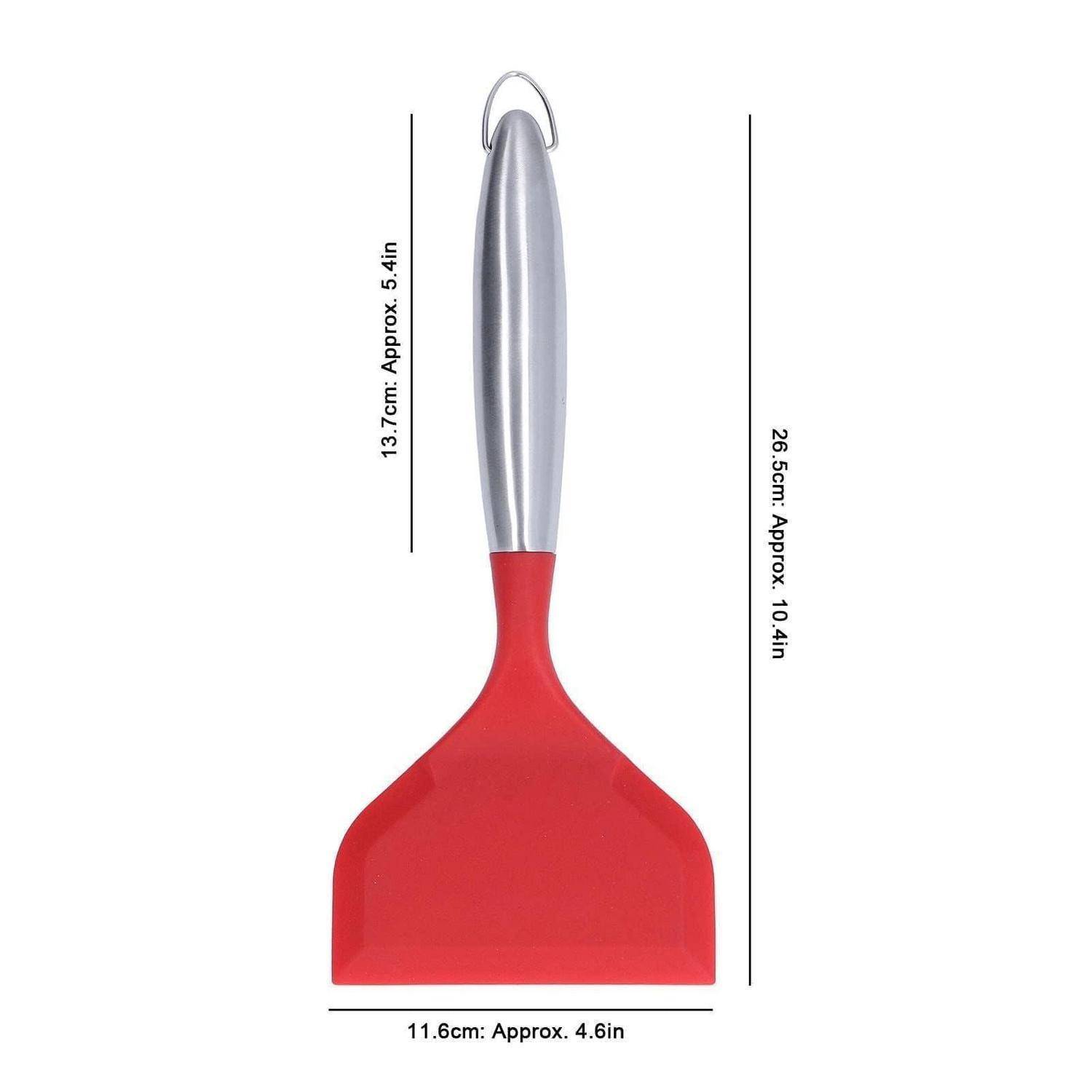 Rote und silberne Küchenschaufel mit Abmessungen: 26,5 cm lang, 11,6 cm breit, Griff 13,7 cm.
