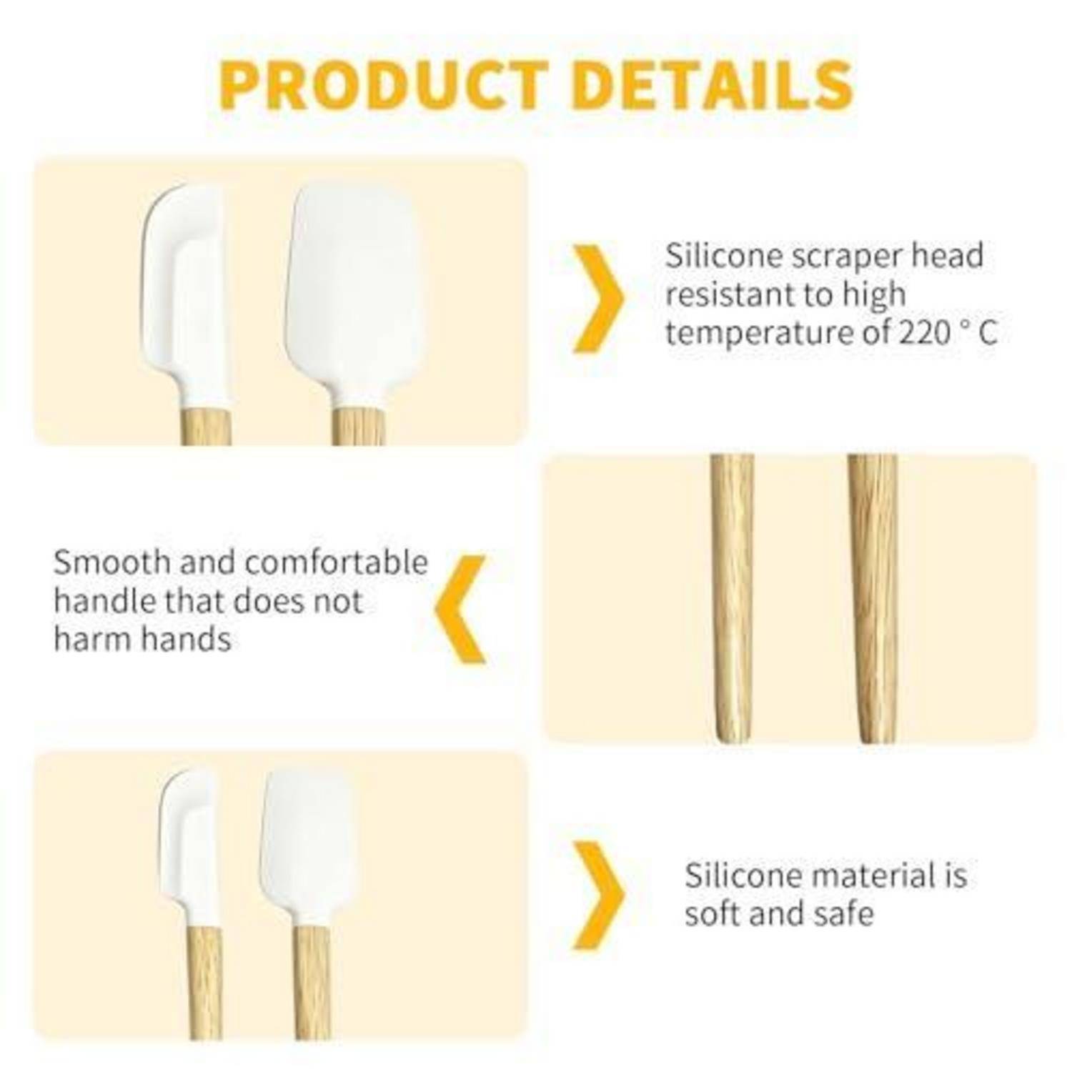 Produktdetails-Infografik für Silikonspachteln: hitzebeständiger Spachtelkopf bis 220°C, ergonomischer, komfortabler Griff und weiches, sicheres Silikonmaterial.