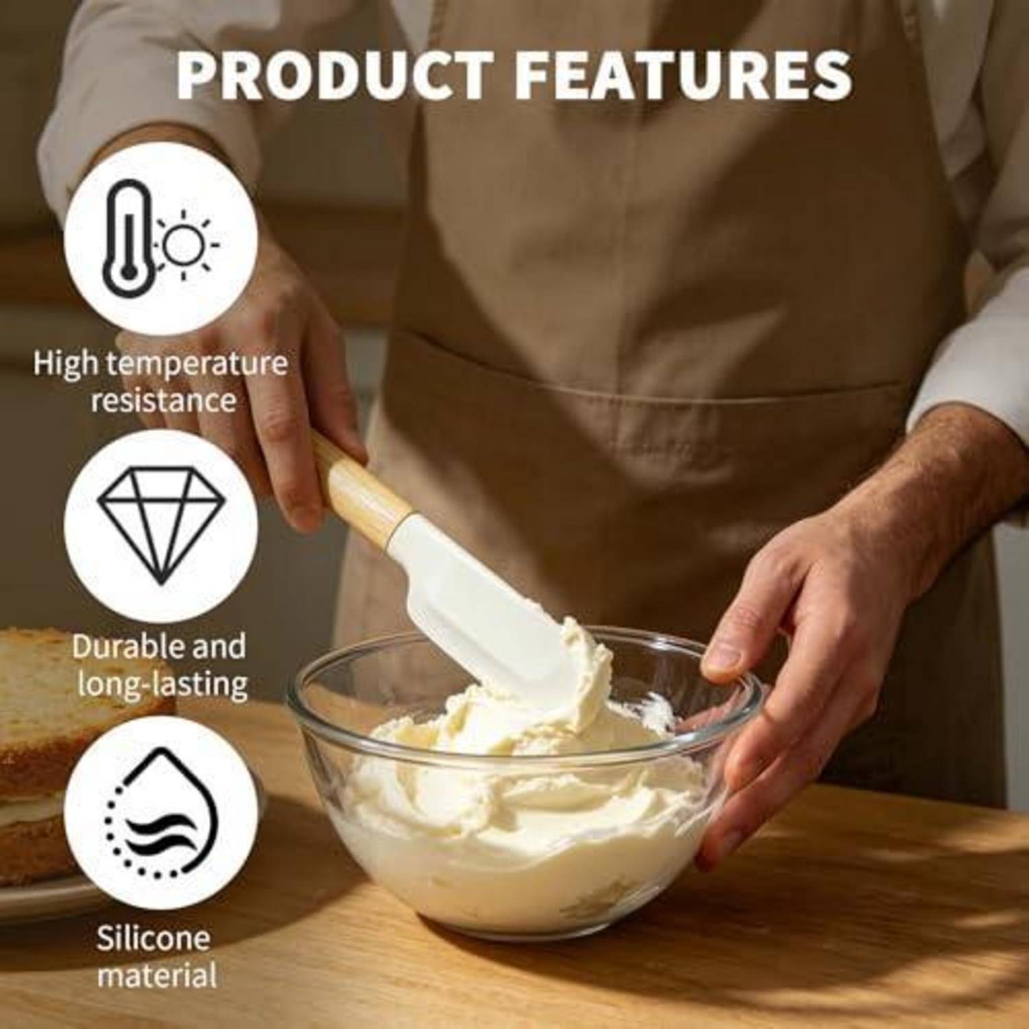 Produktmerkmale-Grafik zeigt eine Person, die Teig mit einem weißen Silikonspatel mischt; der Text hebt Hochtemperaturbeständigkeit, Langlebigkeit und Silikonmaterial hervor.