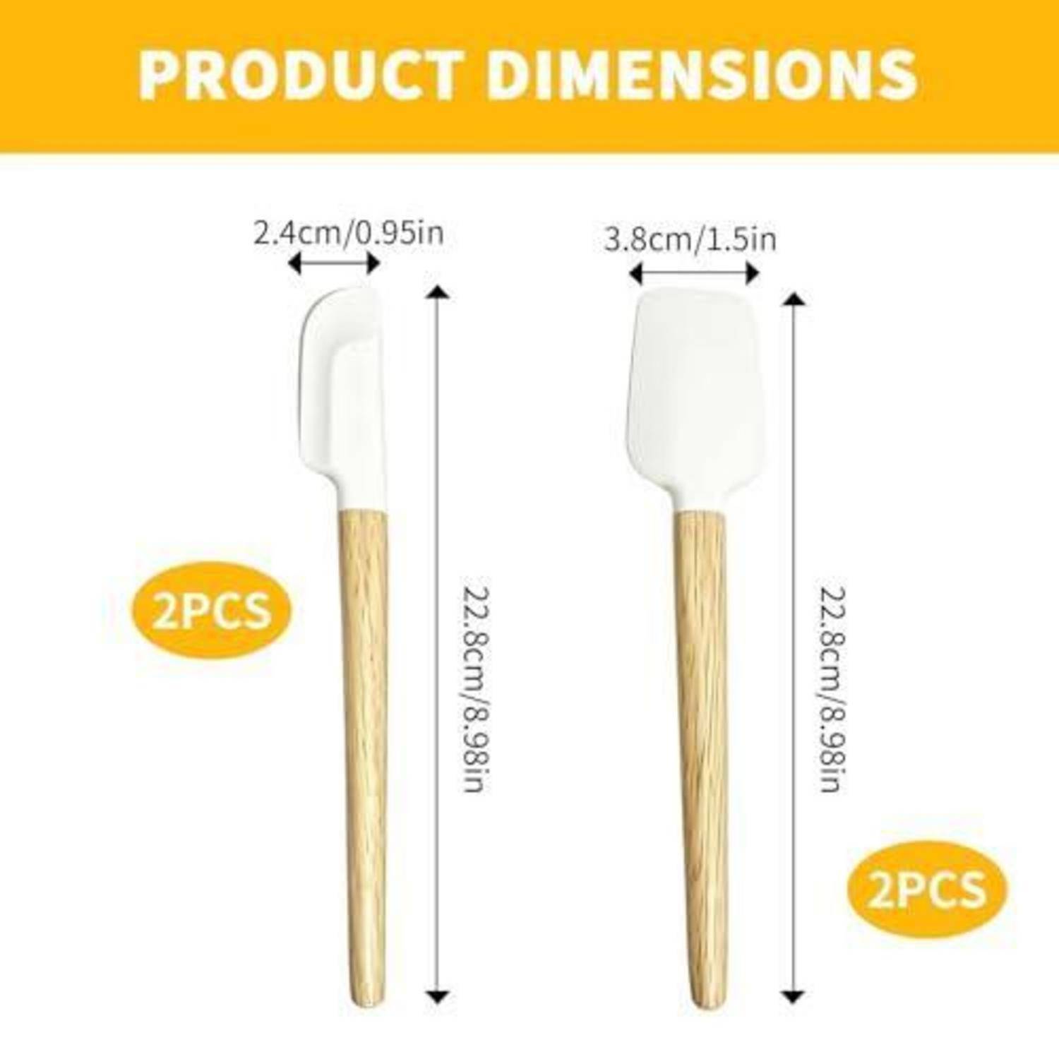 Produktdimensionstabelle mit zwei spatelartigen Küchenwerkzeugen: eines 22,8 cm hoch und 2,4 cm breit, das andere 22,8 cm hoch und 3,8 cm breit; jeweils mit der Bezeichnung „2 STÜCK