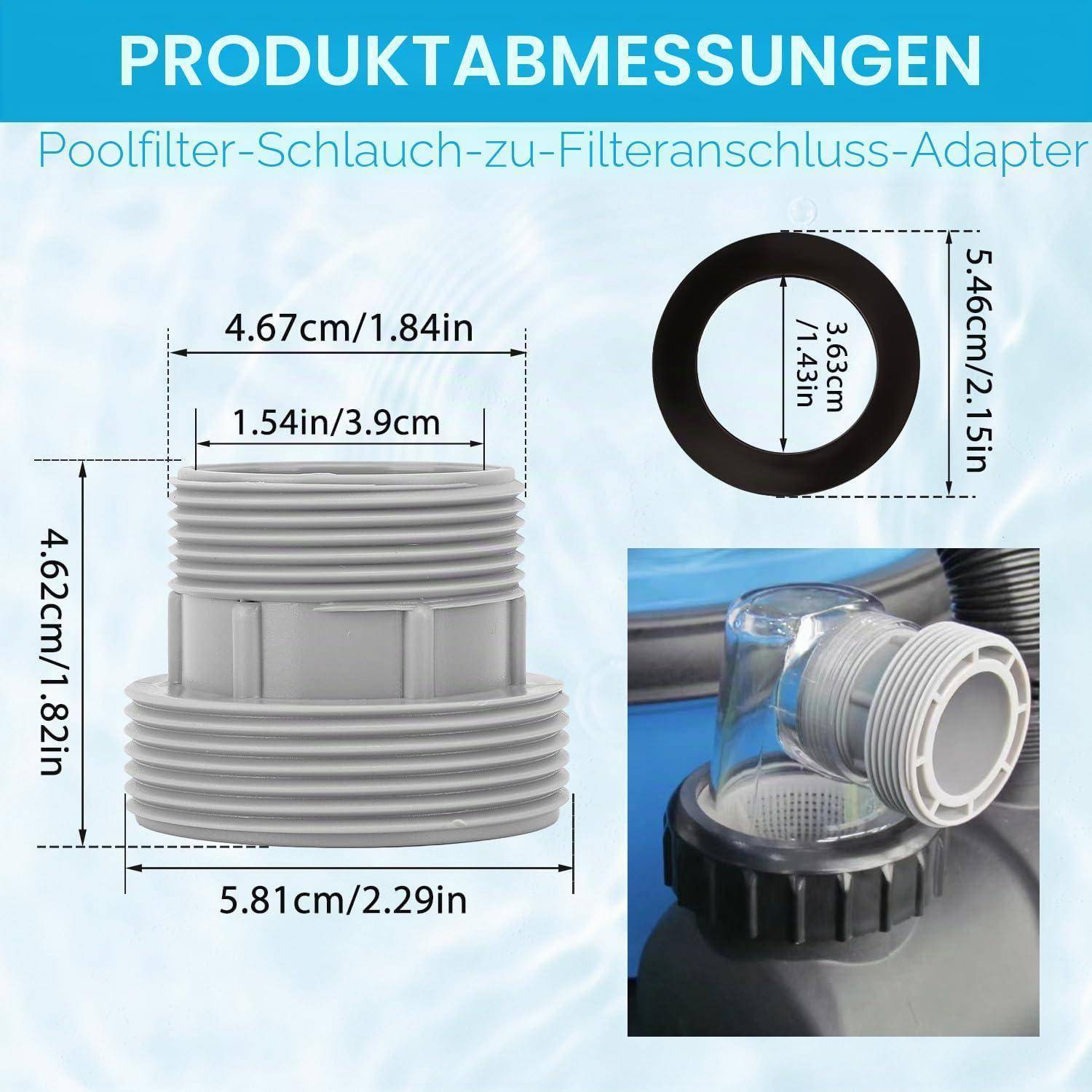 Produktmessdiagramm für einen Poolfilter-Schlauch-zu-Filter-Adapter mit Abmessungen in cm und Zoll sowie ein Foto des auf einem Poolfilter installierten Adapters.