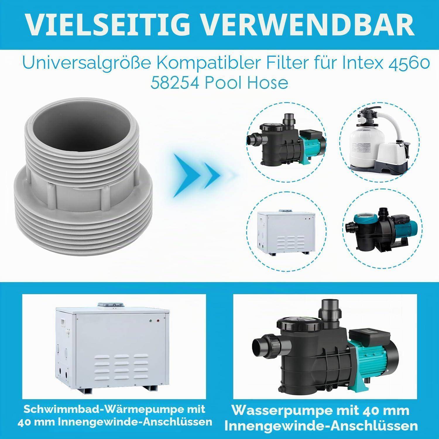 Universeller Filteradapter für Intex 4560 58254 Poolschlauch, gezeigt bei verschiedenen Pumpentypen; enthält Fotos von kompatiblen Pumpen und einer Filtereinheit.