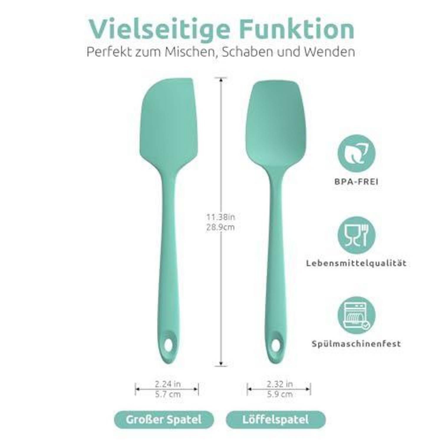 Infografik von zwei minzgrünen Küchenspateln mit deutschem Text „Vielseitige Funktion