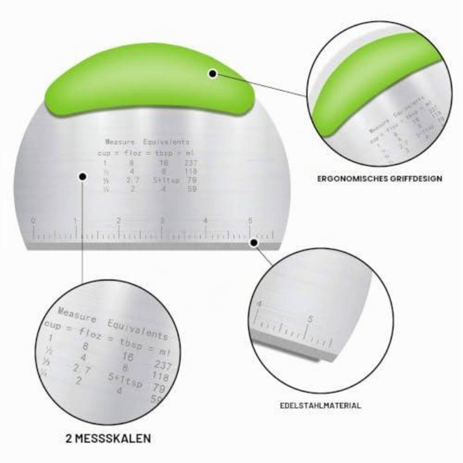 Küchenmaßlöffel mit grünem ergonomischem Griff, zwei Messskalen und Edelstahlmaterial in vergrößerten Detailansichten dargestellt.