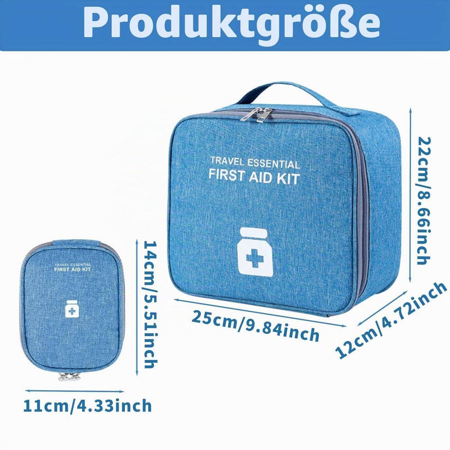 Größentabelle für einen blauen Reise-Erste-Hilfe-Kasten mit den Abmessungen: 25 x 22 x 12 cm für die große Tasche und 11 x 14 cm für die kleine Tasche.