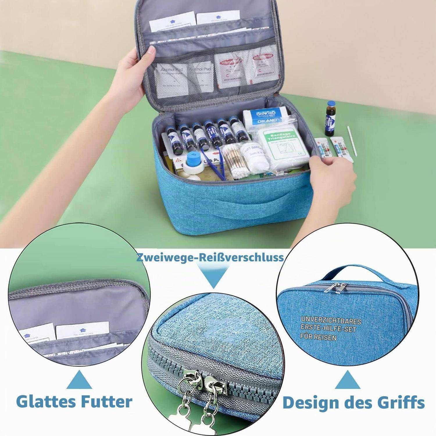 Blauetaschen-Kulturbeutel offen auf einem Tisch, zeigt organisierte Medikamenten- und Hygieneartikel; Beschriftungen heben die glatte Innenseite, den Reißverschluss und das Griffdesign hervor.