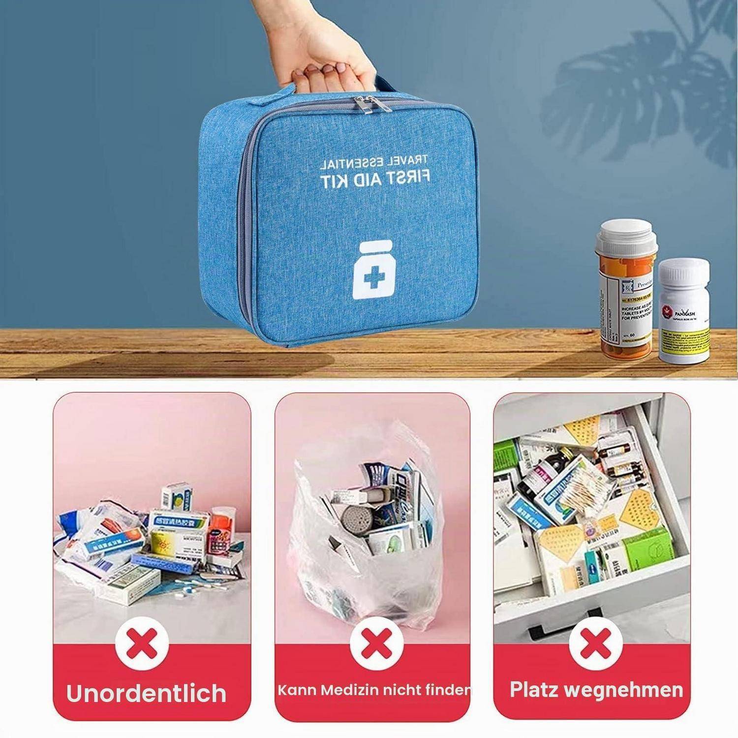 Blauer Erste-Hilfe-Kasten wird von einer Hand getragen, daneben Medizinflaschen und drei Beispielpanels unten, die ungeordnete Lagerung zeigen, gekennzeichnet mit "Unordentlich"", ""Kann Medizin nicht finden"" und ""Platz wegnehmen"".