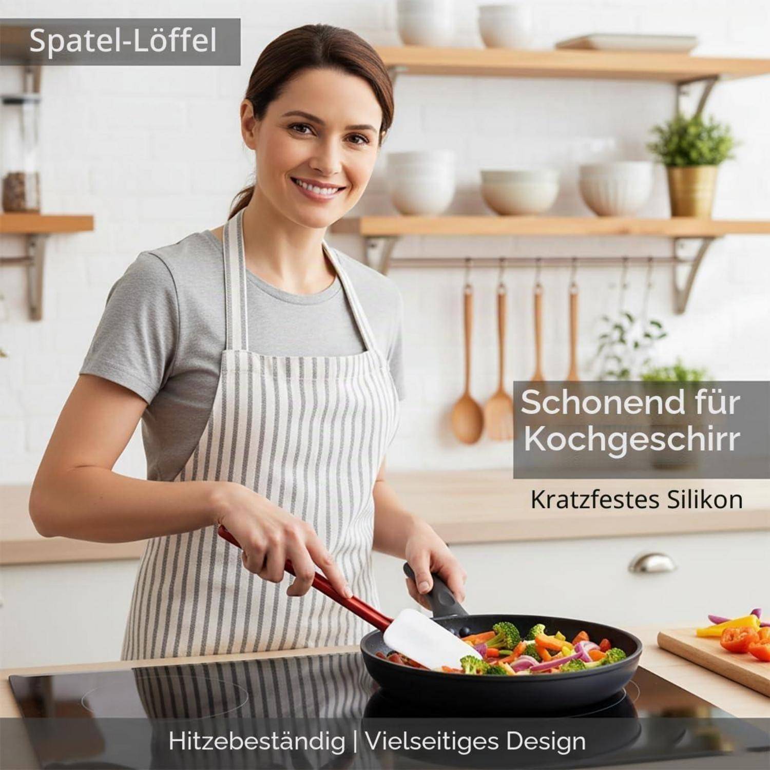 Frau in einer Küche benutzt einen Silikonspatel zum Umrühren von Speisen in einer Pfanne; deutscher Text hebt kratzfrei für Kochgeschirr, hitzebeständig, vielseitiges Design hervor.