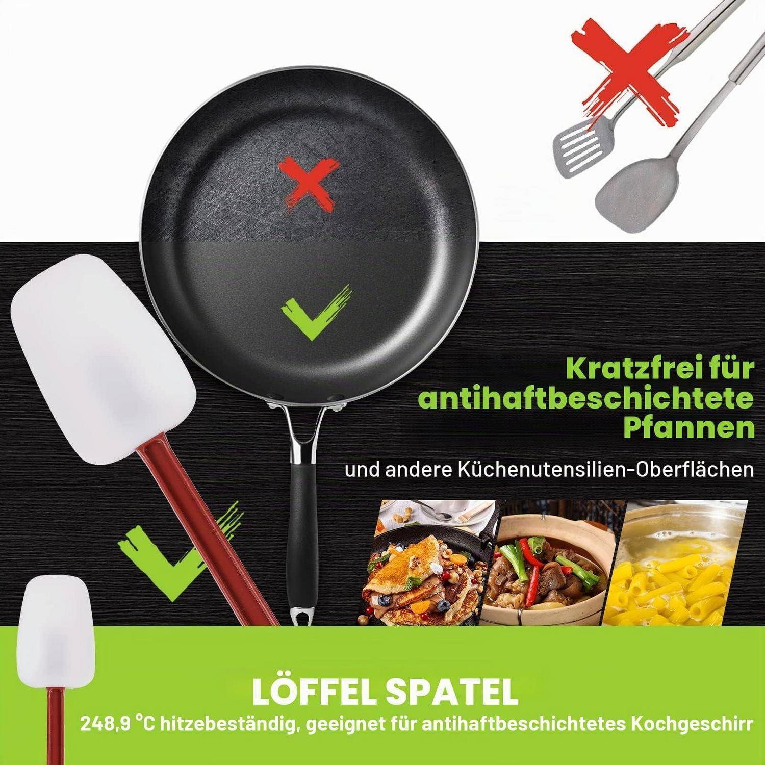 Spatel und Löffelspatel, die als sicher für Antihaftpfannen gekennzeichnet sind, werden gezeigt, während Metallutensilien und eine zerkratzte Pfanne als nicht sicher gekennzeichnet werden.