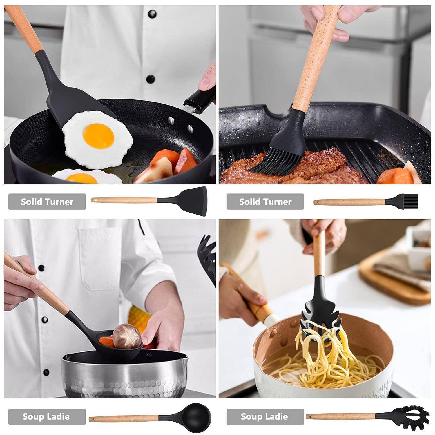 Collage von Küchenutensilien in Gebrauch: Solide Pfannenwender wenden Eier und Fleisch, und Suppenkellen servieren Suppe und Pasta, jeweils mit Holzgriffen.