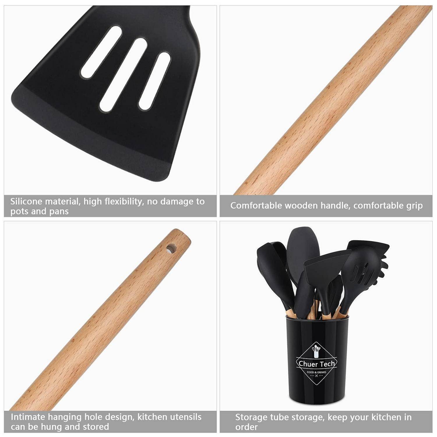Vierteiliges Produktbild einer schwarzen Silikon-Küchenspatel mit Holzgriff, das den flexiblen Kopf, das Aufhängeloch und die Aufbewahrung von Küchenutensilien in einem Behälter zeigt.