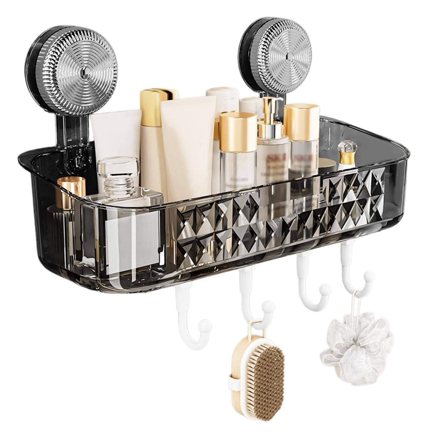 Wandmontierter Badezimmerorganizer mit Saugnapfhaltern, zur Aufbewahrung von Toilettenartikeln und mit Hängehaken für eine Bürste und einen Luffa-Schwamm.