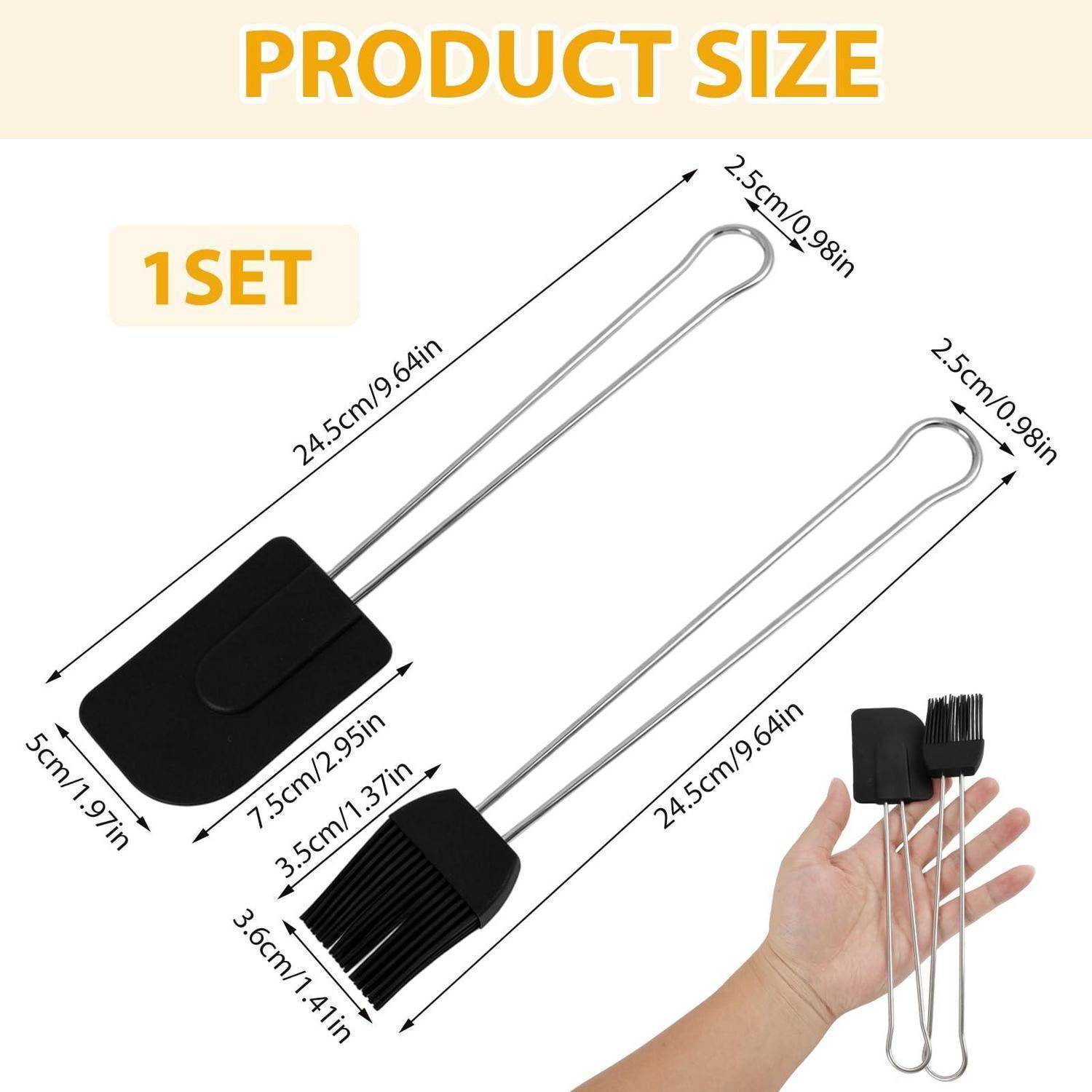 Produktgrößen-Diagramm für ein 1er-Set Küchenutensilien: ein schwarzer Spatel und Pinsel mit Metallgriffen, mit Messwerten in cm und Zoll sowie eine Hand als Größenvergleich.