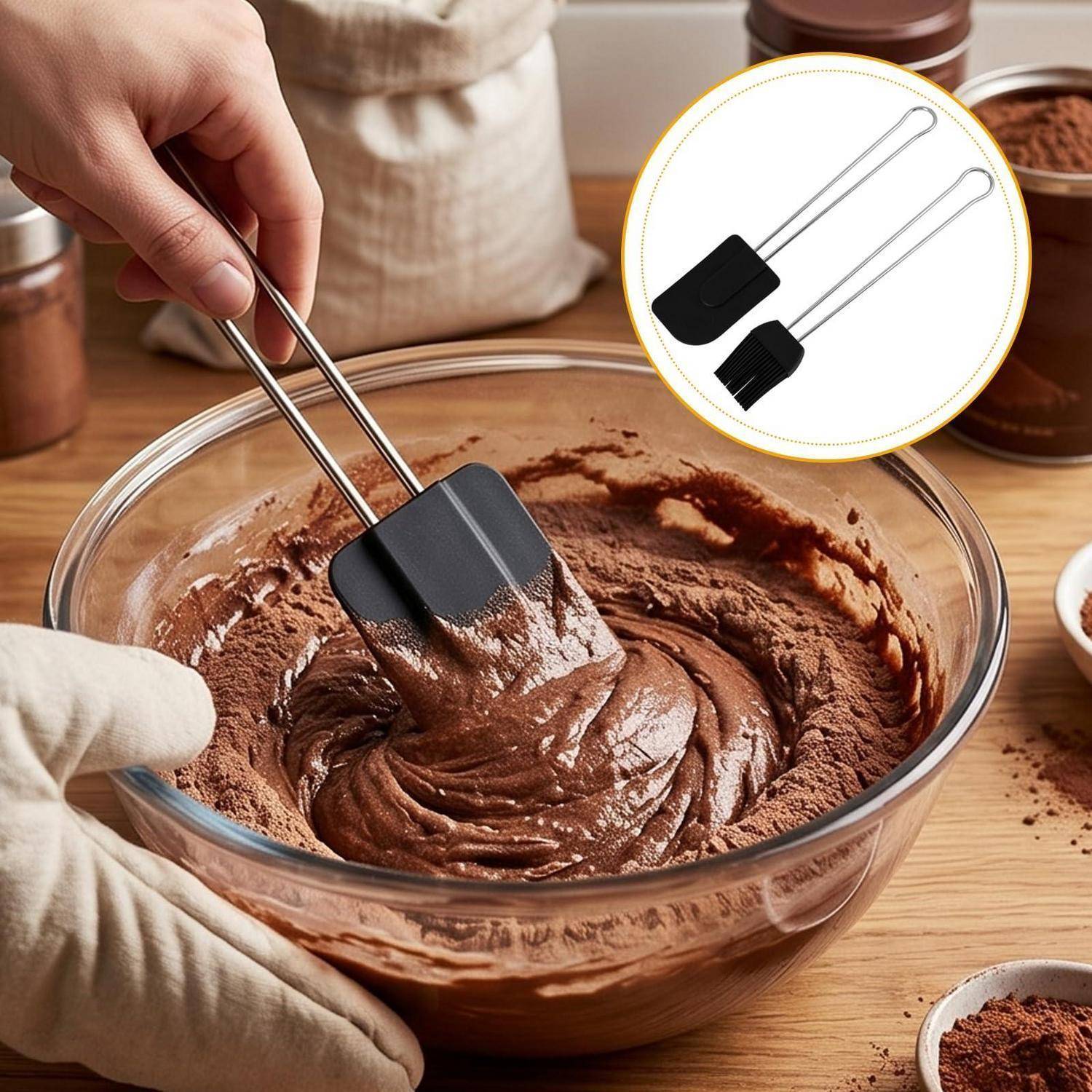 Behandschuhte Hände mischen Schokoladenkuchen in einer Glasschüssel mit einem Silikon-Spatel, mit einer Einfügung, die zwei Silikon-Spatel zeigt.