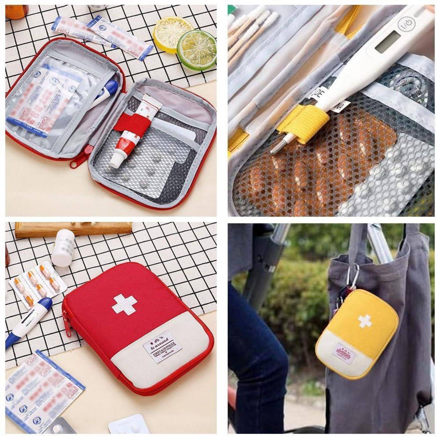 Vier Ansichten eines kompakten Erste-Hilfe-Sets: Reißverschlusstasche mit Medikamenten, Verbandsmaterial und Zubehör; eine Ansicht zeigt das Set an einer Tasche befestigt für einfaches Transportieren.