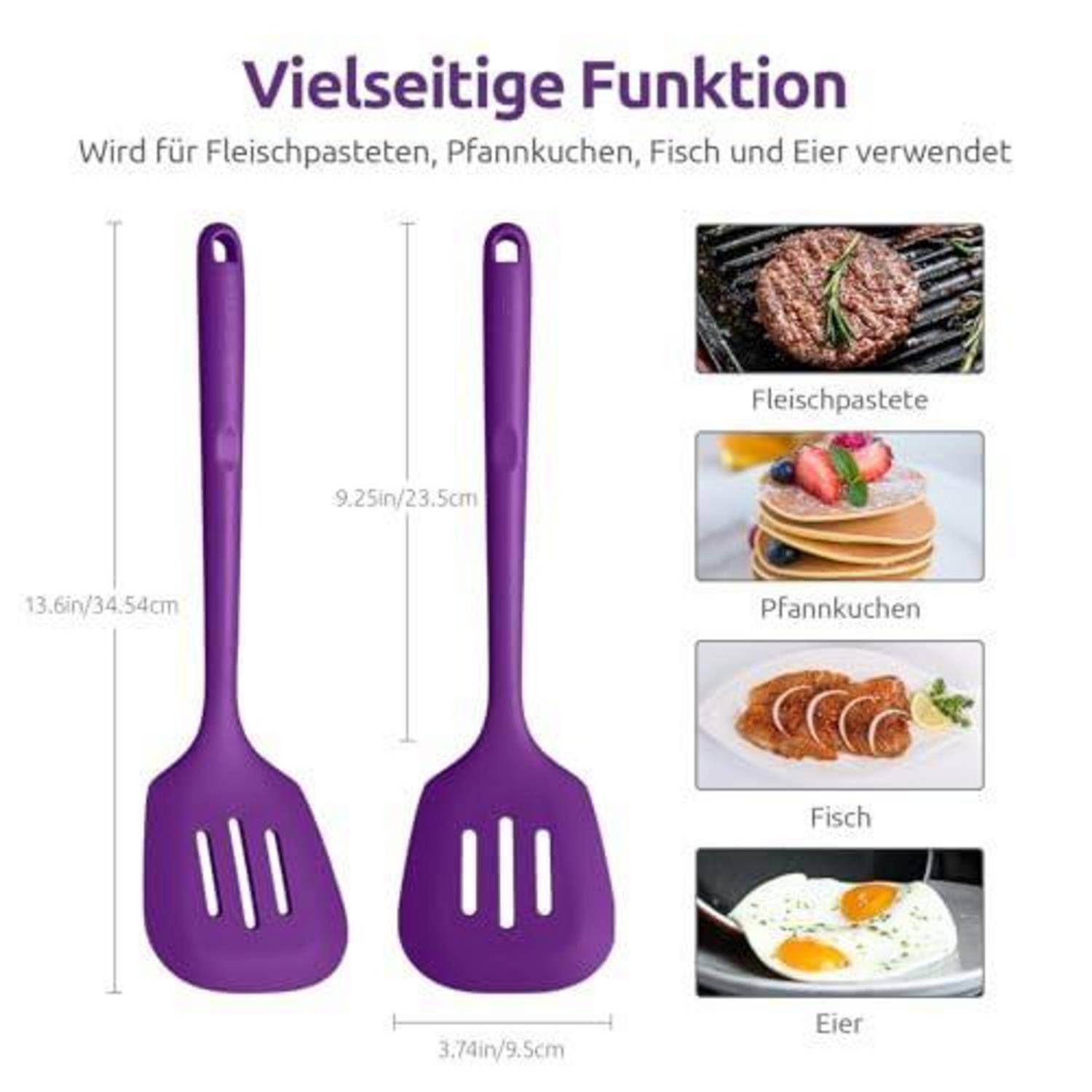 Werbegrafik für einen violetten Silikonspatel mit Schlitzen, gekennzeichnet mit 