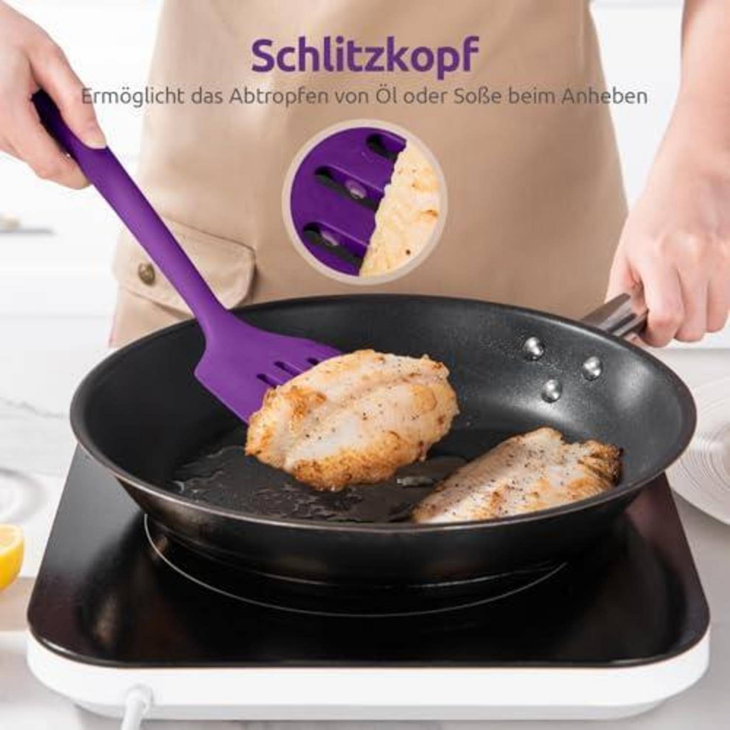 Person kocht Fisch in einer Pfanne mit einem violetten Schaumlöffel; Text sagt 