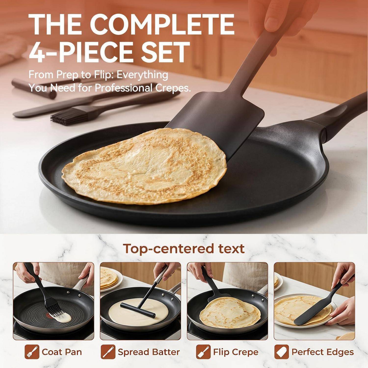 Werbebild eines 4-teiligen Crepe-Pfannen-Sets, das zeigt, wie eine Crepe in einer antihaftbeschichteten Pfanne umgewendet wird, mit kleineren Schritten zum Beschichten der Pfanne, zum Ausstreichen des Teigs, zum Umwenden und zum Perfektionieren der Kanten.
