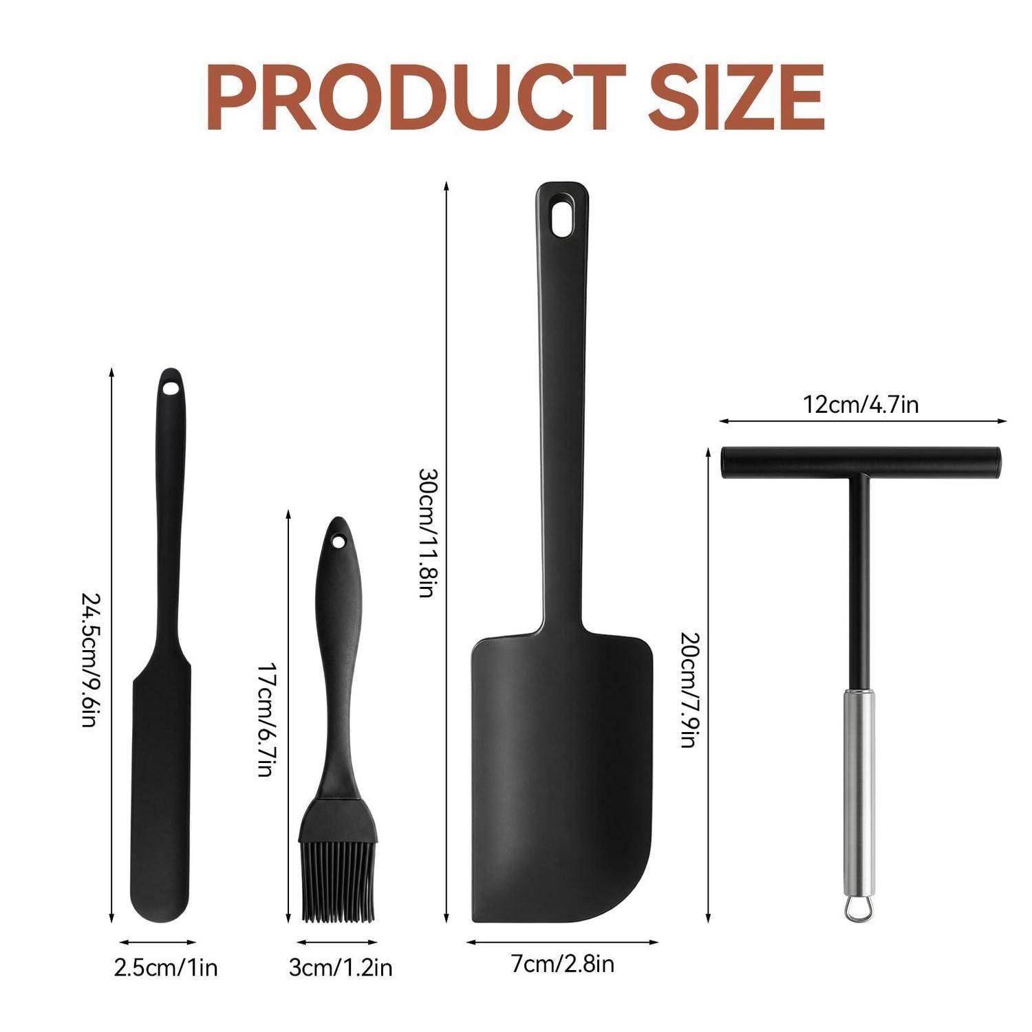 Größentabelle für schwarze Küchengeräte: Spatel 24,5 cm, Löffel 17 cm, großer Spatel 30 cm und Schaber 20 cm hoch und 12 cm breit.