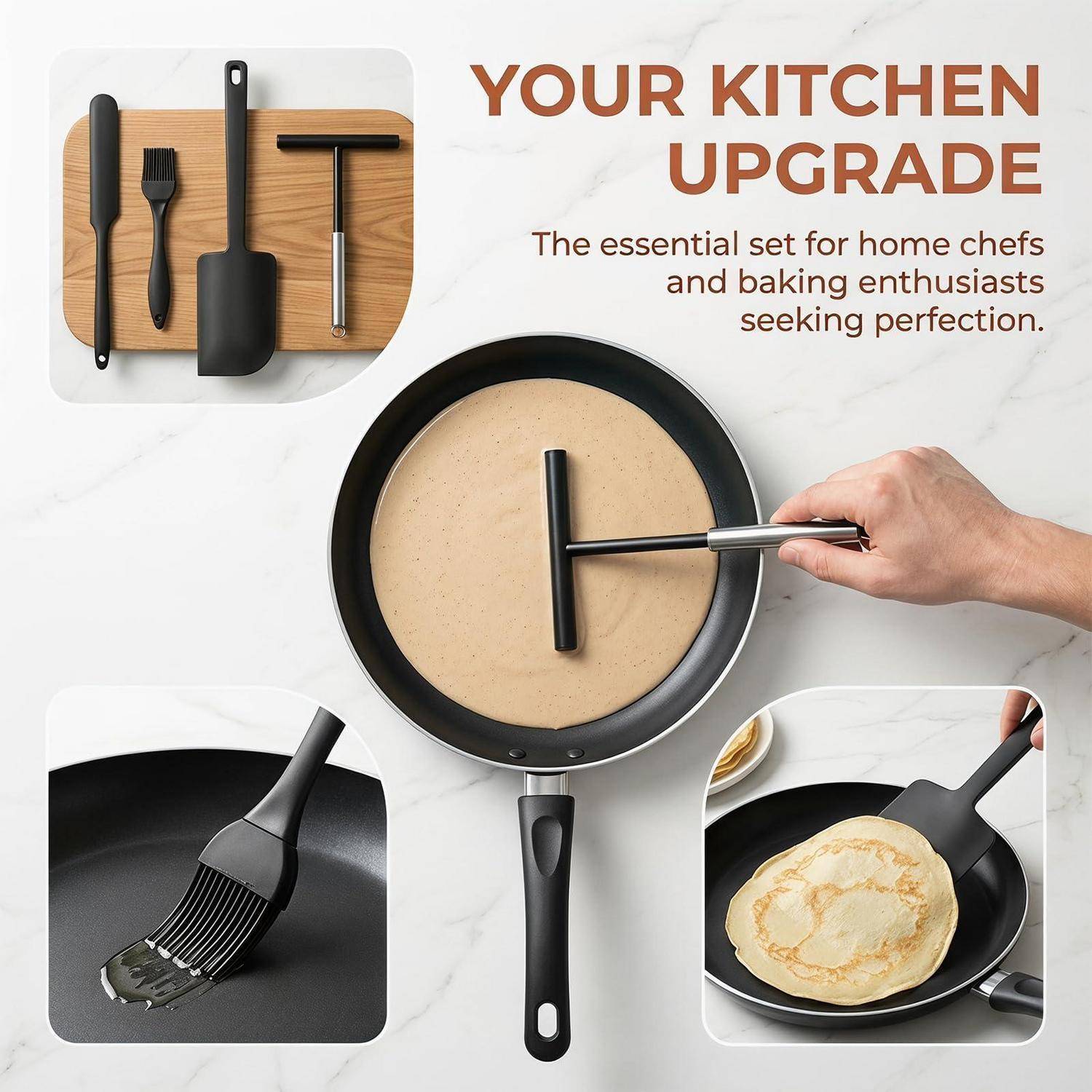 Küchenutensilienpromo mit einer Pfanne, in der eine Hand einen Teigverteiler verwendet, plus Bilder eines Spatels, einer Bürste, eines Schneebesens und eines Pfannkuchenwerkzeugs. Text: 'DEIN KÜCHEN-UPGRADE' und 'Das unverzichtbare Set für Heimköche und Backbegeisterte, die Perfektion anstreben.